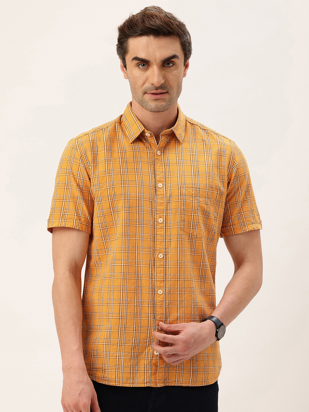 

Parx Pure Cotton Slim Fit Tartan Checked Casual Shirt, Mustard