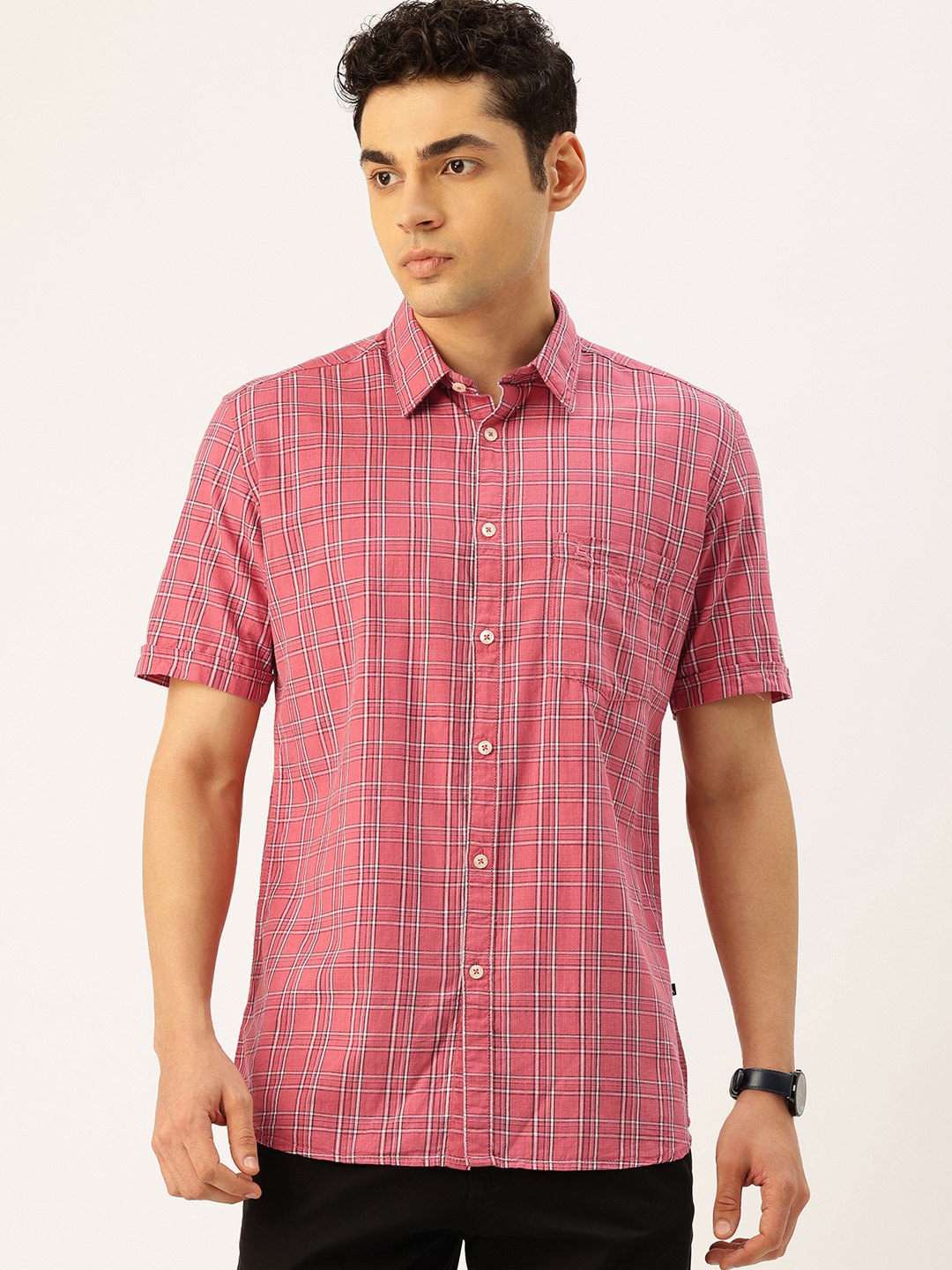 

Parx Pure Cotton Slim Fit Tartan Checks Opaque Casual Shirt, Pink