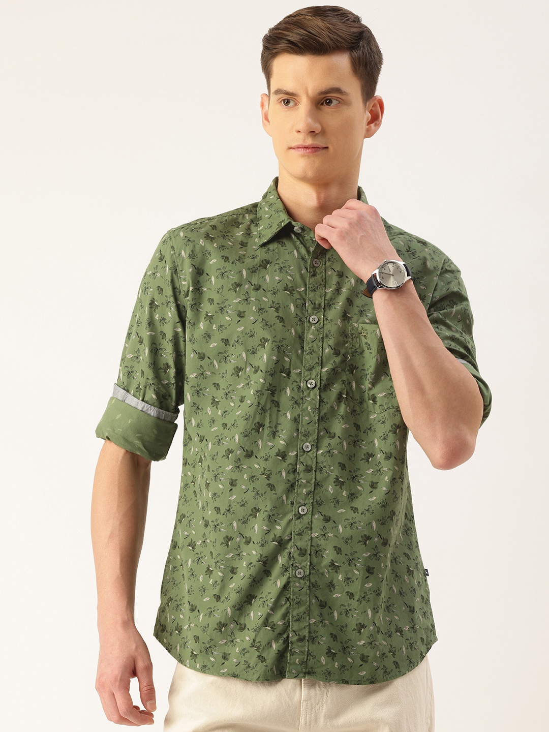 

Parx Slim Fit Floral Printed Pure Cotton Casual Shirt, Green