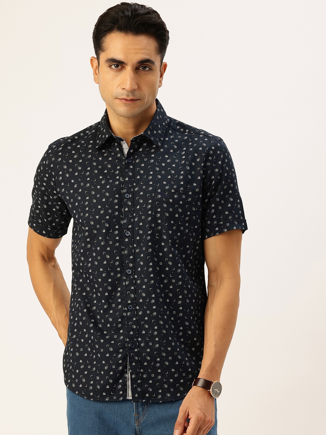 

Parx Slim Fit Geometric Printed Pure Cotton Casual Shirt, Navy blue