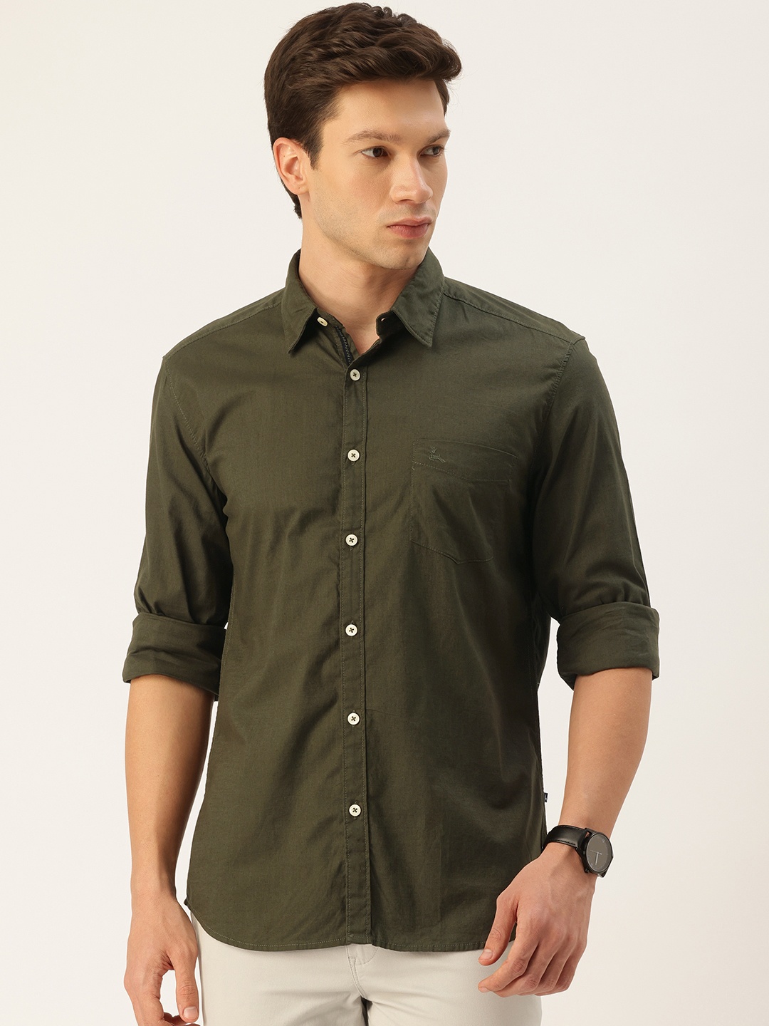 

Parx Pure Cotton Slim Fit Opaque Casual Shirt, Olive