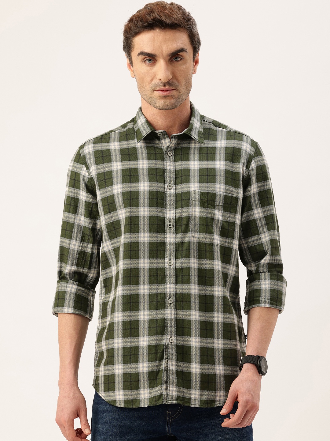 

Parx Slim Fit Opaque Checked Pure Cotton Casual Shirt, Olive