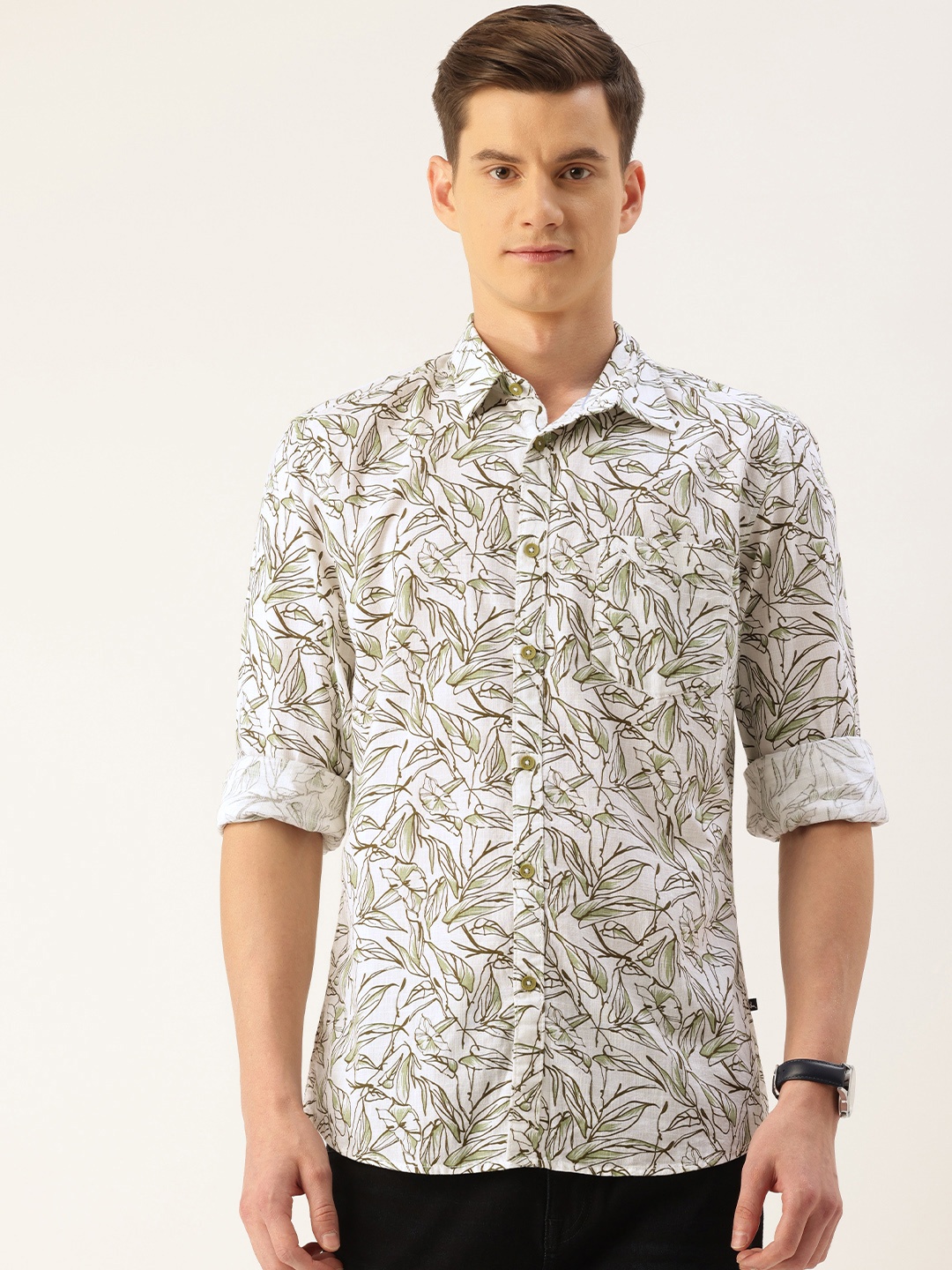 

Parx Slim Fit Tropical Printed Pure Cotton Casual Shirt, White