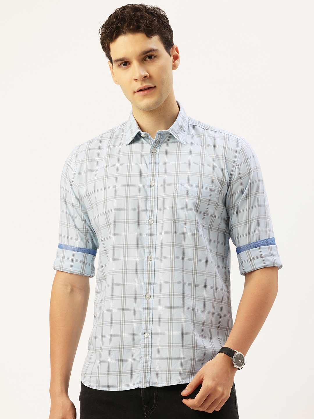 

Parx Slim Fit Checked Pure Cotton Casual Shirt, Blue