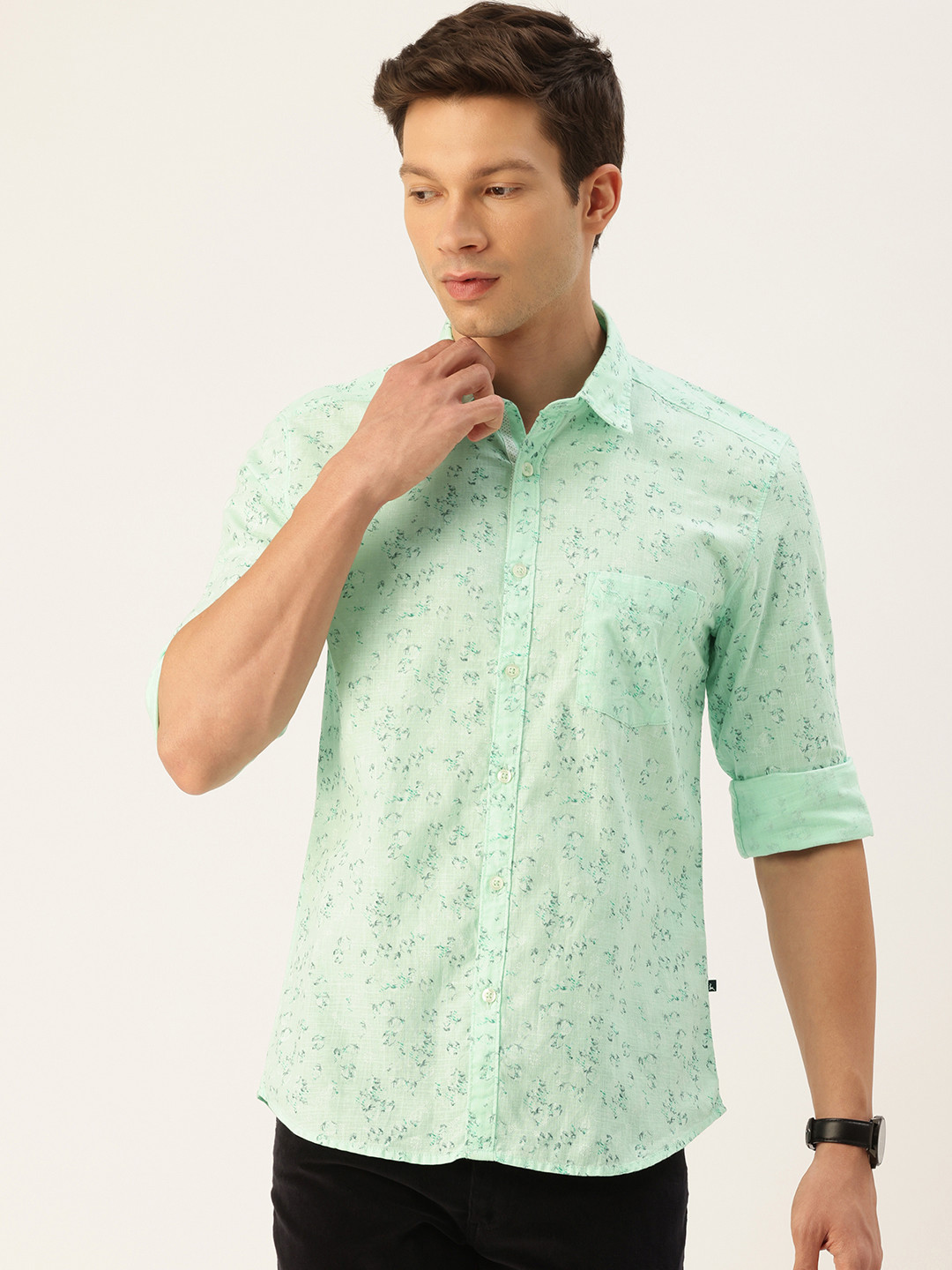 

Parx Slim Fit Floral Printed Pure Cotton Casual Shirt, Green