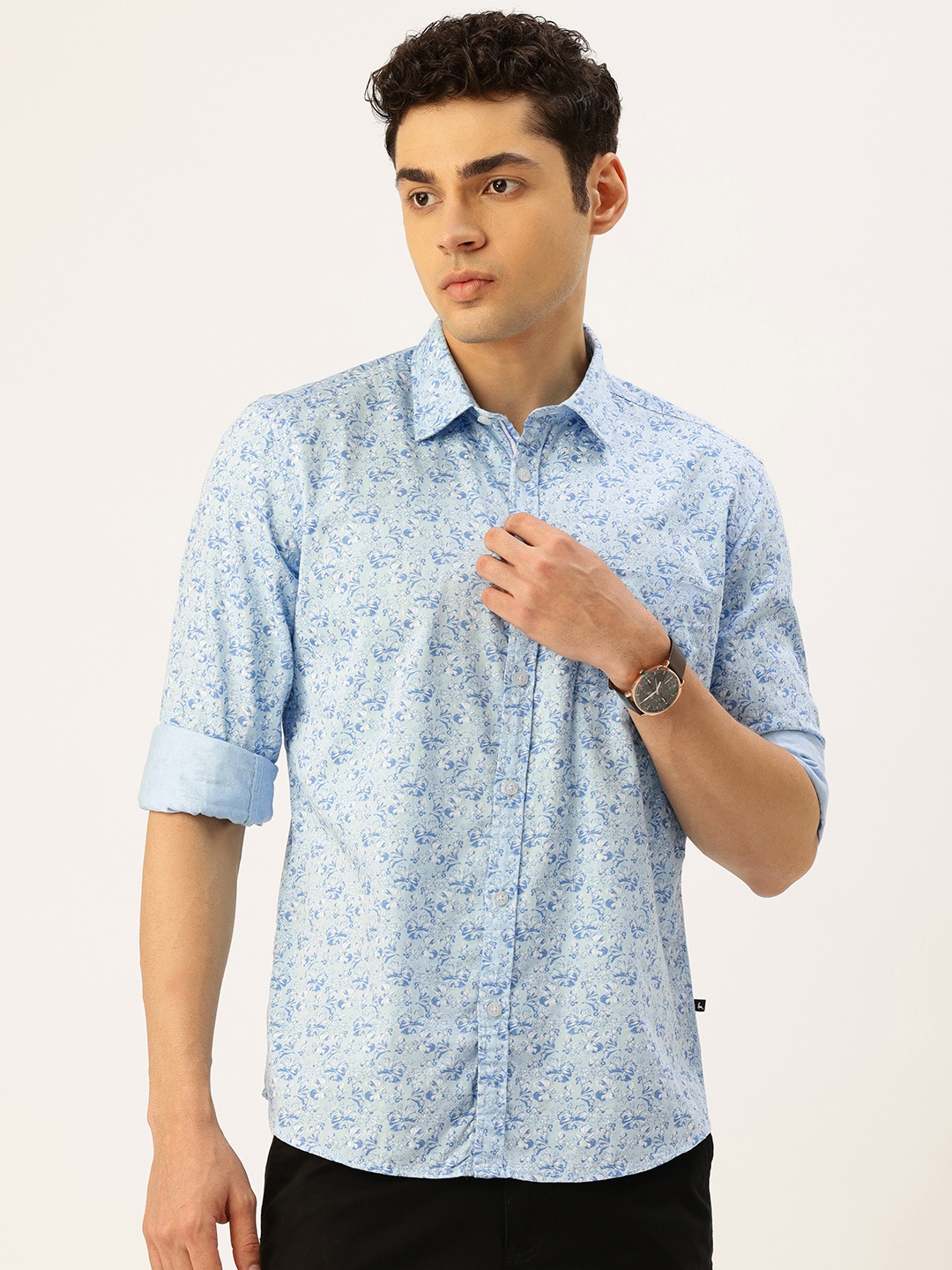 

Parx Slim Fit Floral Pure Cotton Casual Shirt, Blue