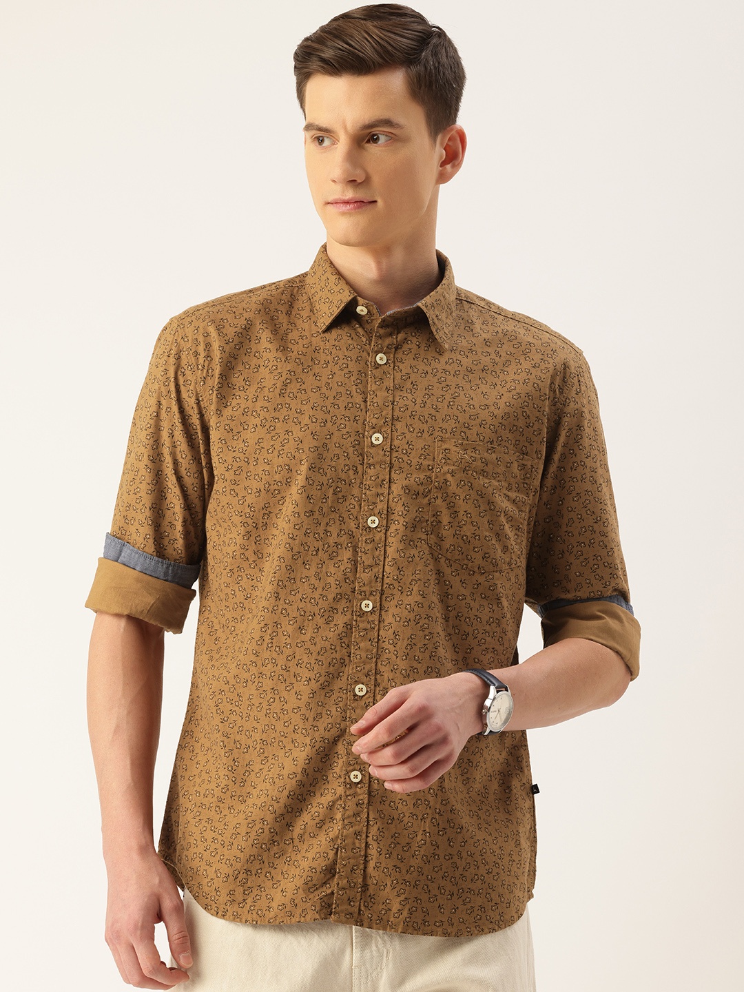 

Parx Pure Cotton Slim Fit Floral Printed Casual Shirt, Brown