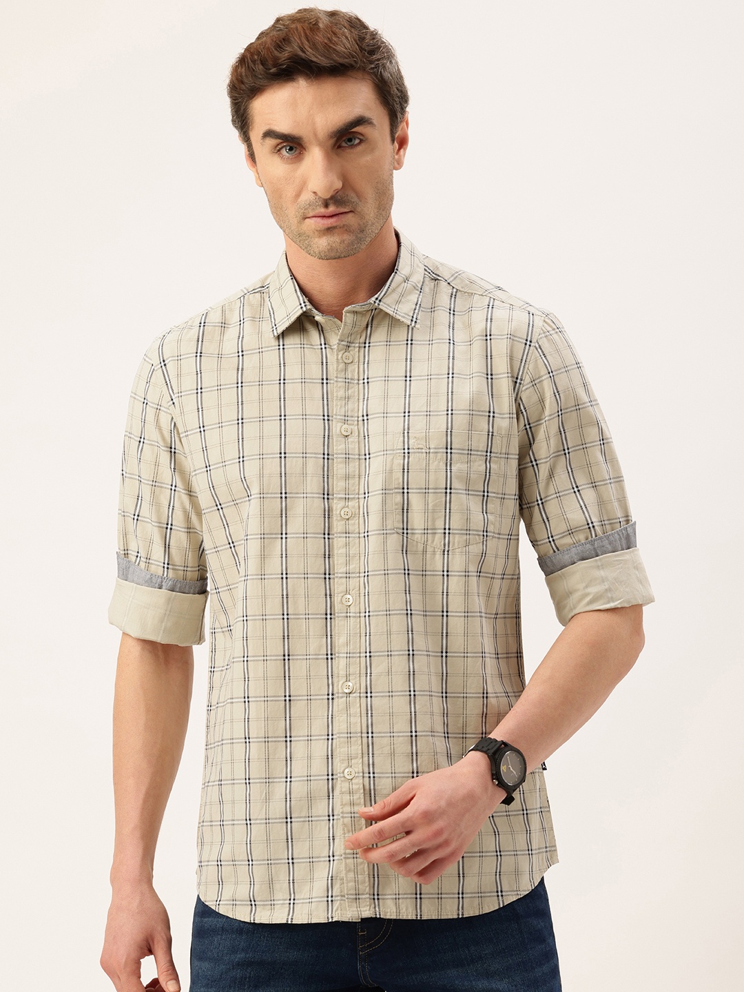 

Parx Slim Fit Opaque Printed Pure Cotton Casual Shirt, Beige