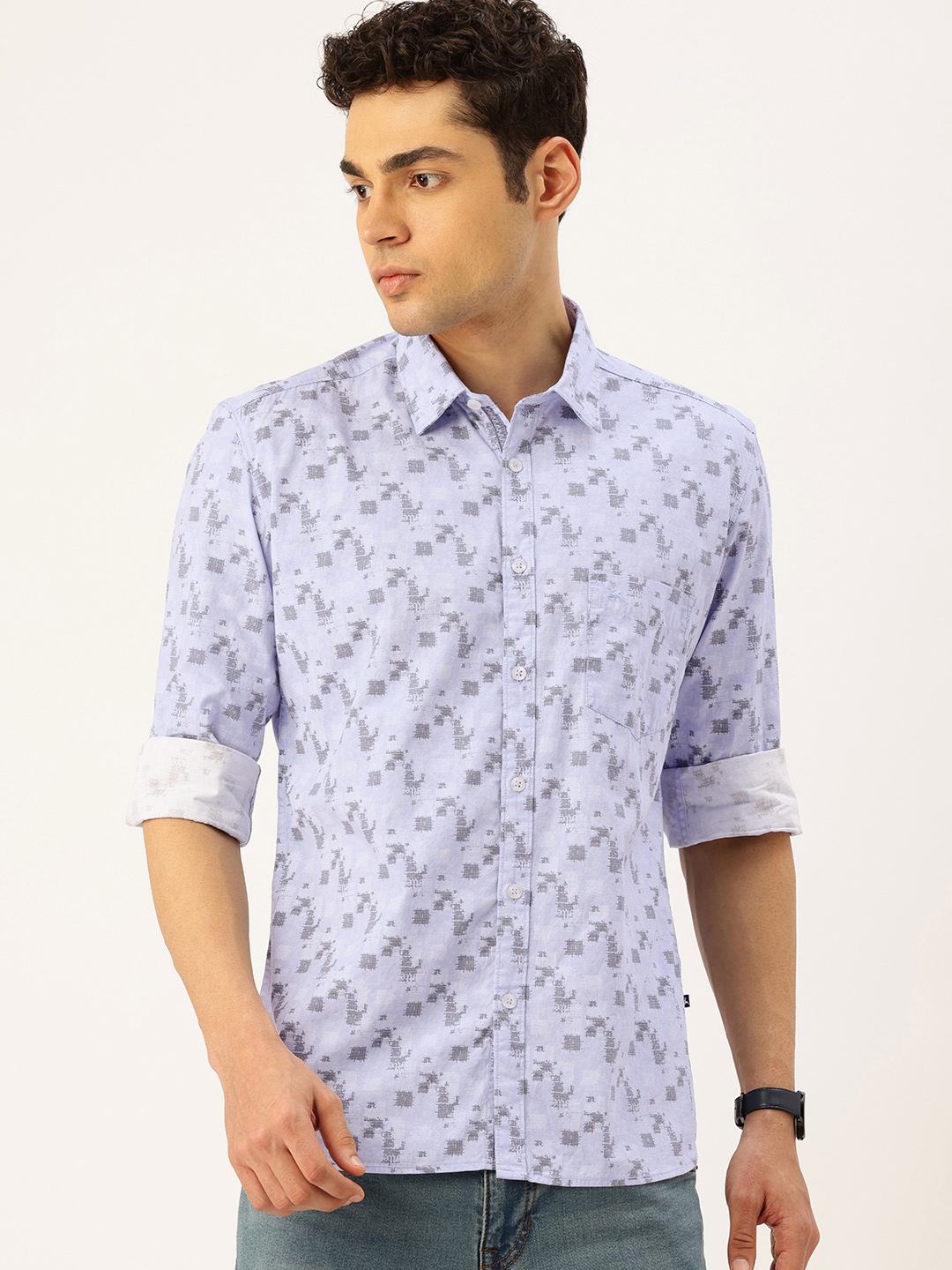 

Parx Slim Fit Geometric Printed Pure Cotton Casual Shirt, Blue