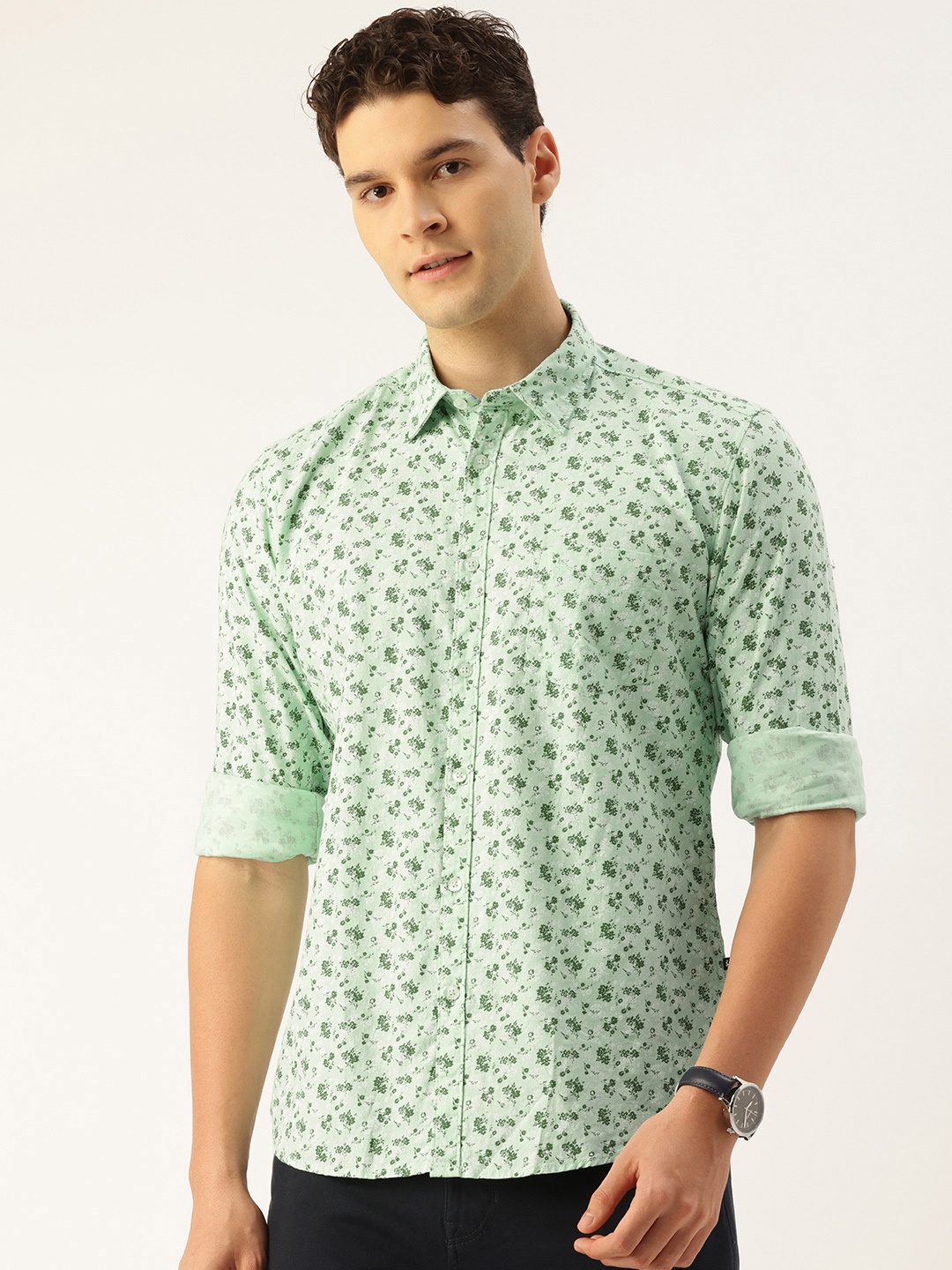 

Parx Slim Fit Floral Printed Casual Shirt, Green