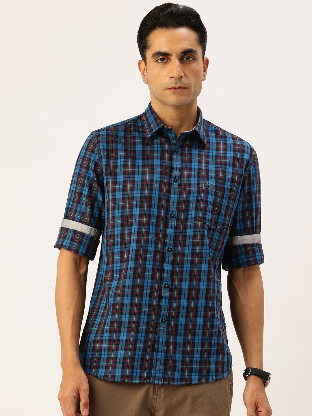 

Parx Pure Cotton Slim Fit Opaque Checked Casual Shirt, Blue