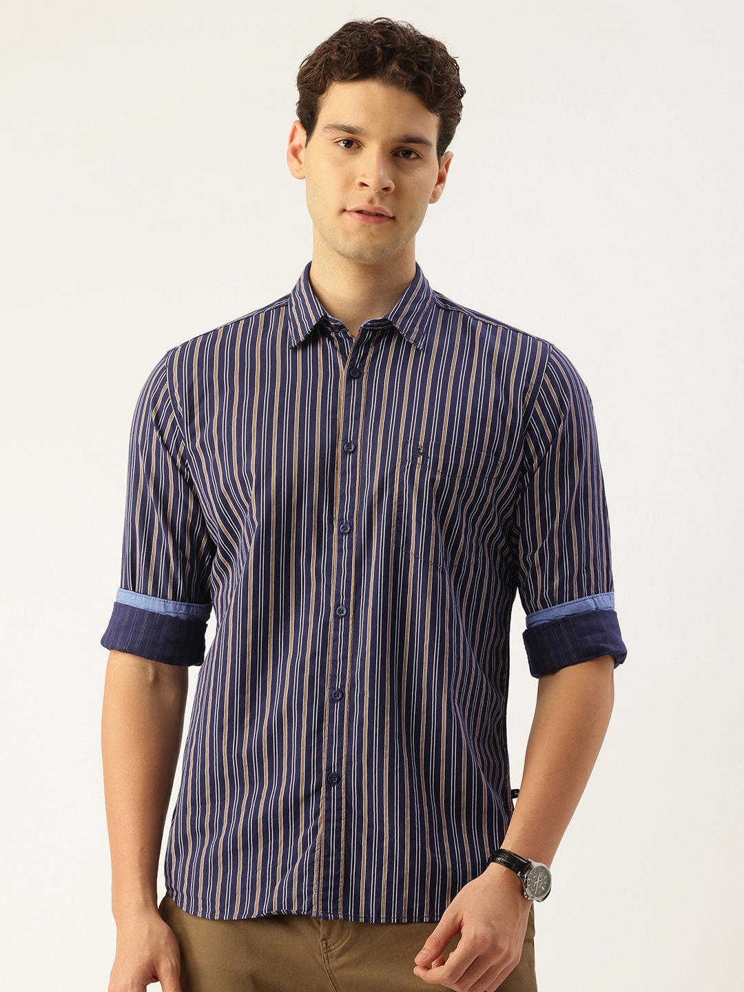 

Parx Pure Cotton Slim Fit Striped Casual Shirt, Navy blue