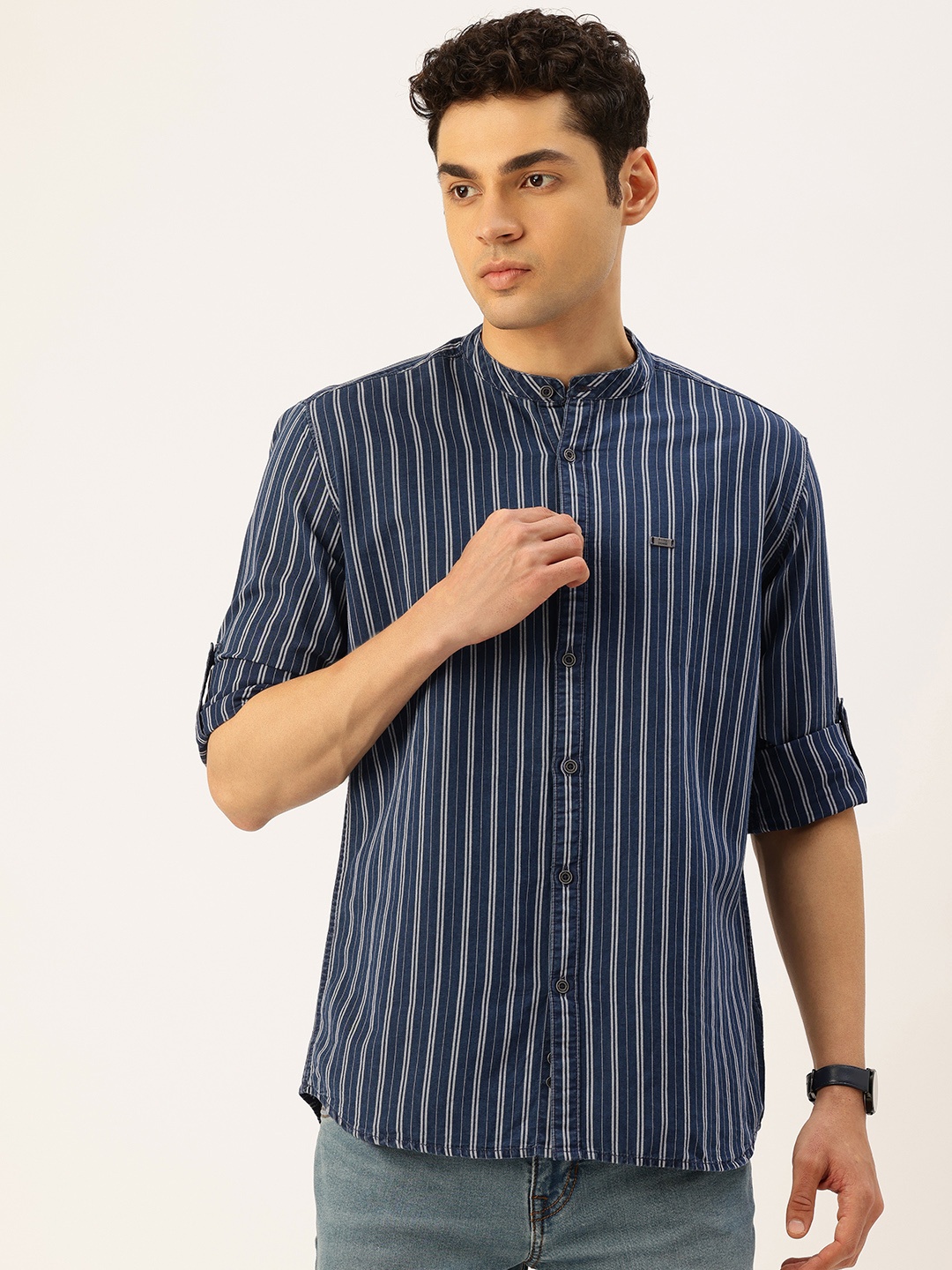 

Parx Pure Cotton Slim Fit Opaque Striped Casual Shirt, Navy blue