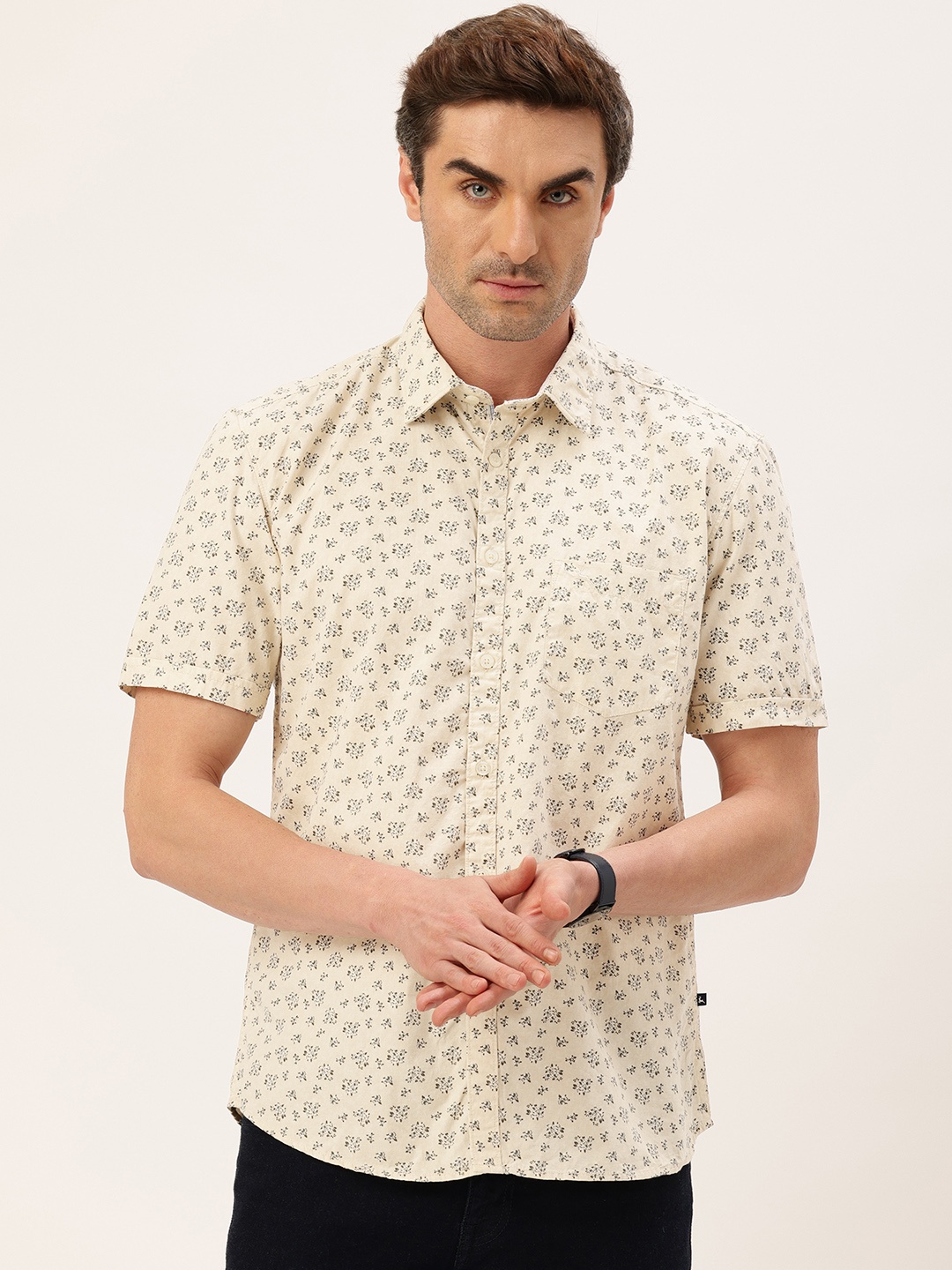 

Parx Pure Cotton Slim Fit Floral Printed Opaque Casual Shirt, Beige