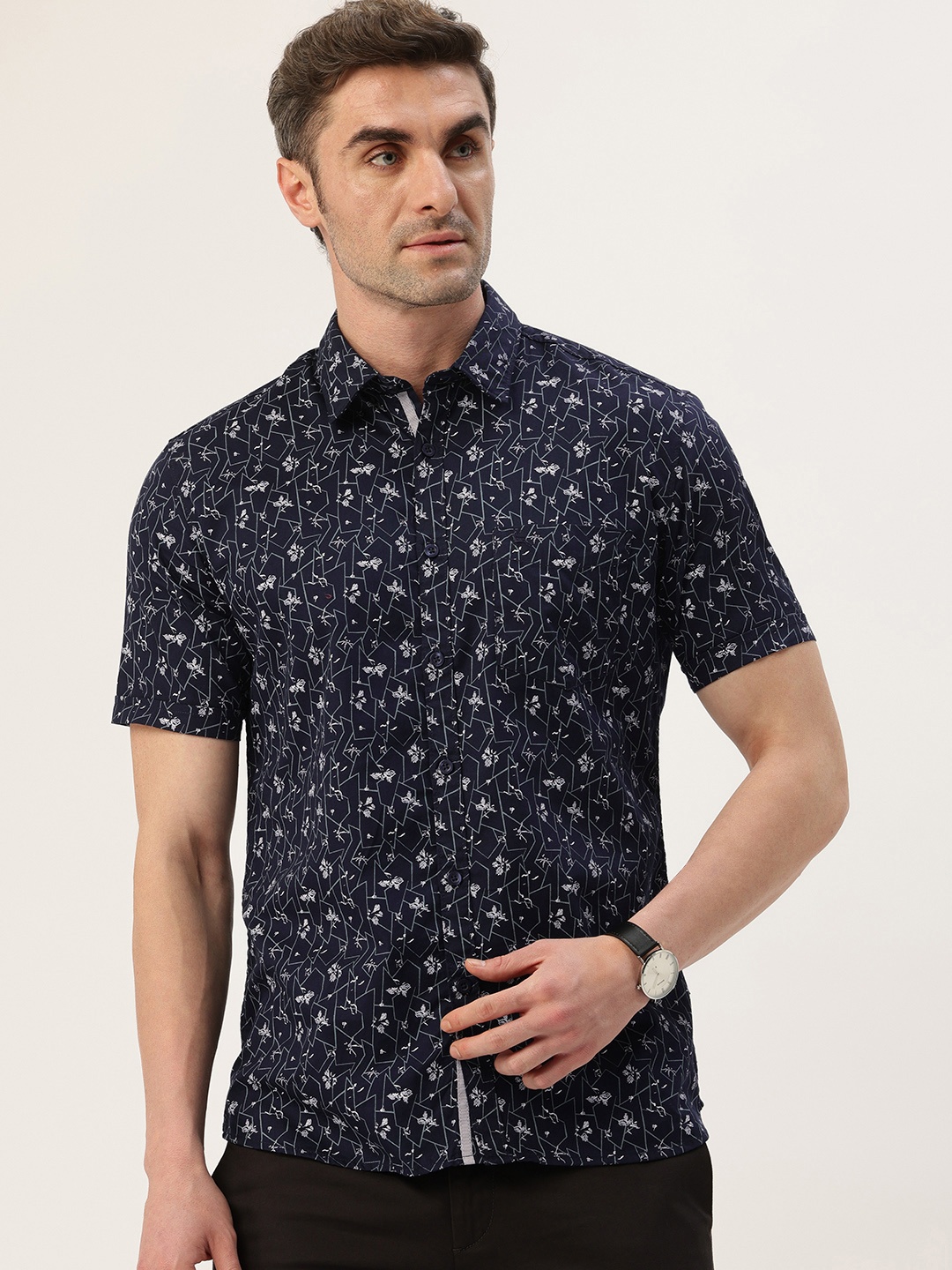 

Parx Slim Fit Opaque Floral Printed Pure Cotton Casual Shirt, Blue