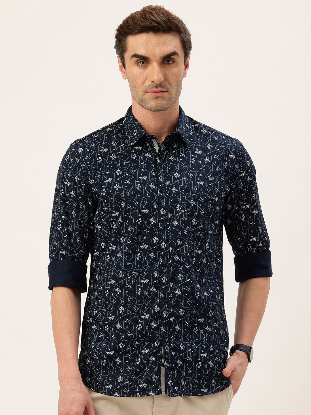 

Parx Pure Cotton Slim Fit Opaque Printed Casual Shirt, Navy blue