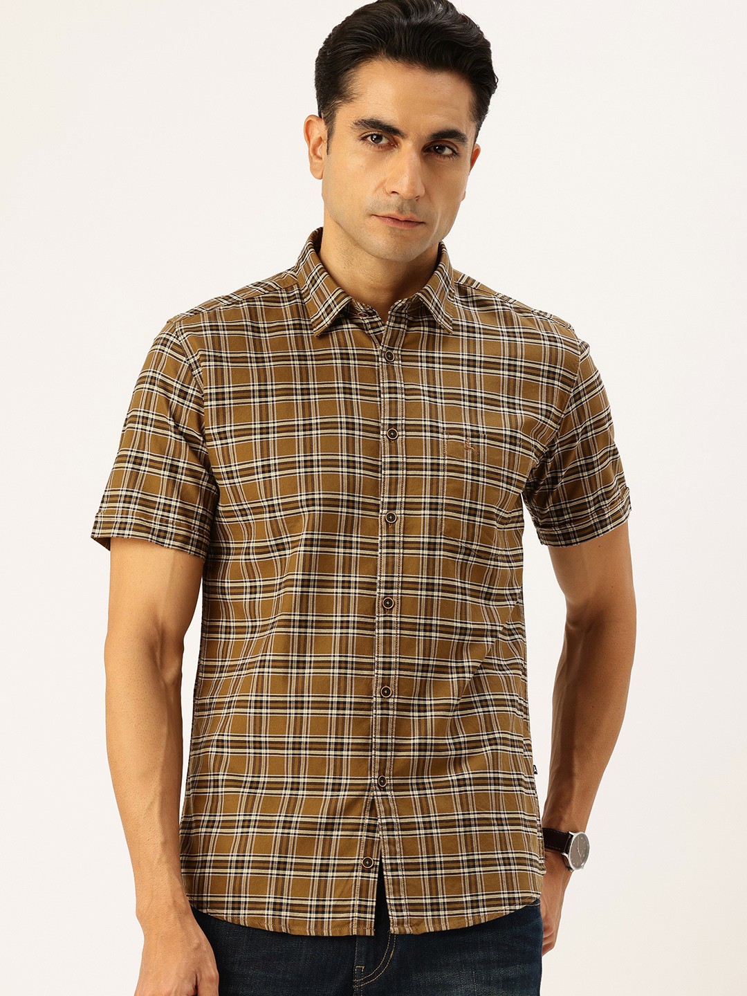

Parx Pure Cotton Slim Fit Tartan Checked Casual Shirt, Brown