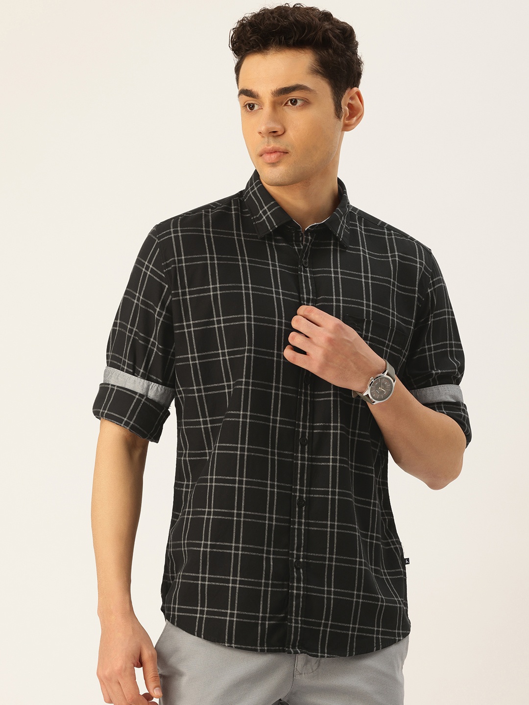 

Parx Slim Fit Tartan Checked Pure Cotton Casual Shirt, Black