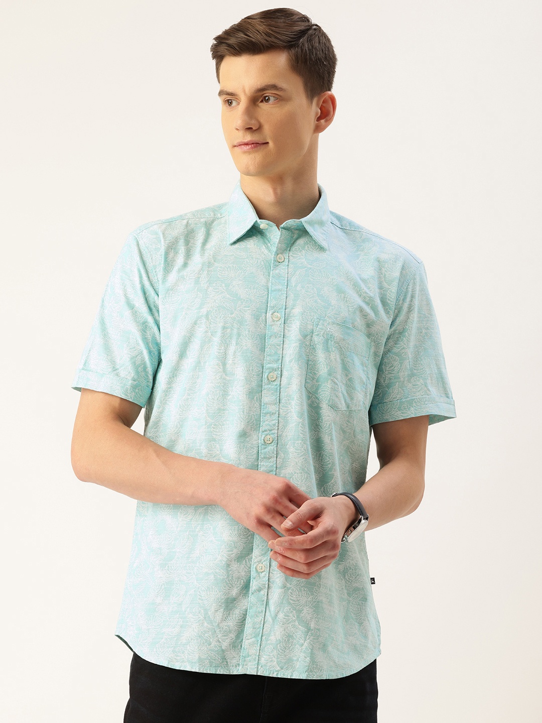 

Parx Slim Fit Tropical Printed Pure Cotton Casual Shirt, Green