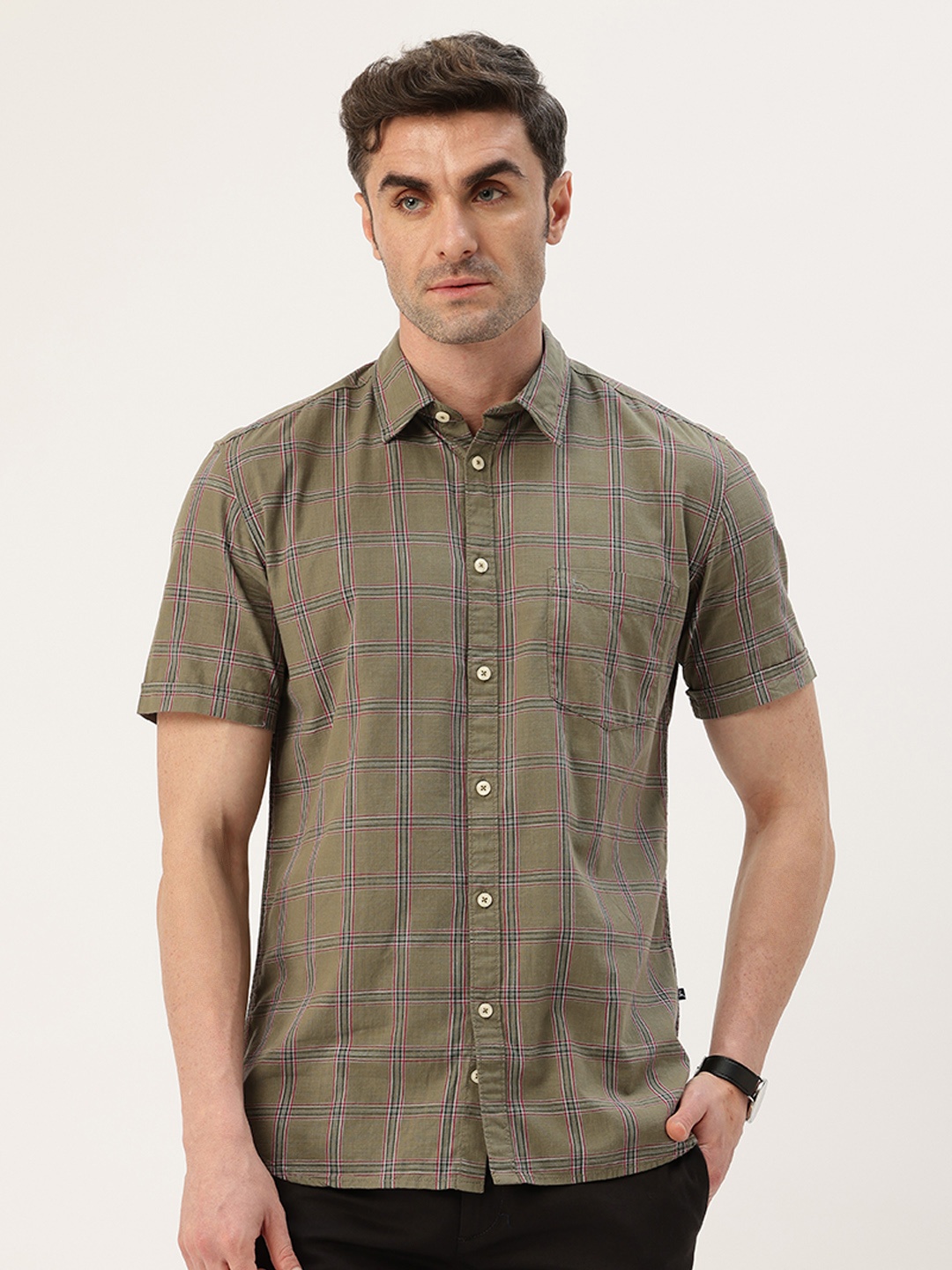 

Parx Slim Fit Opaque Checked Pure Cotton Casual Shirt, Green