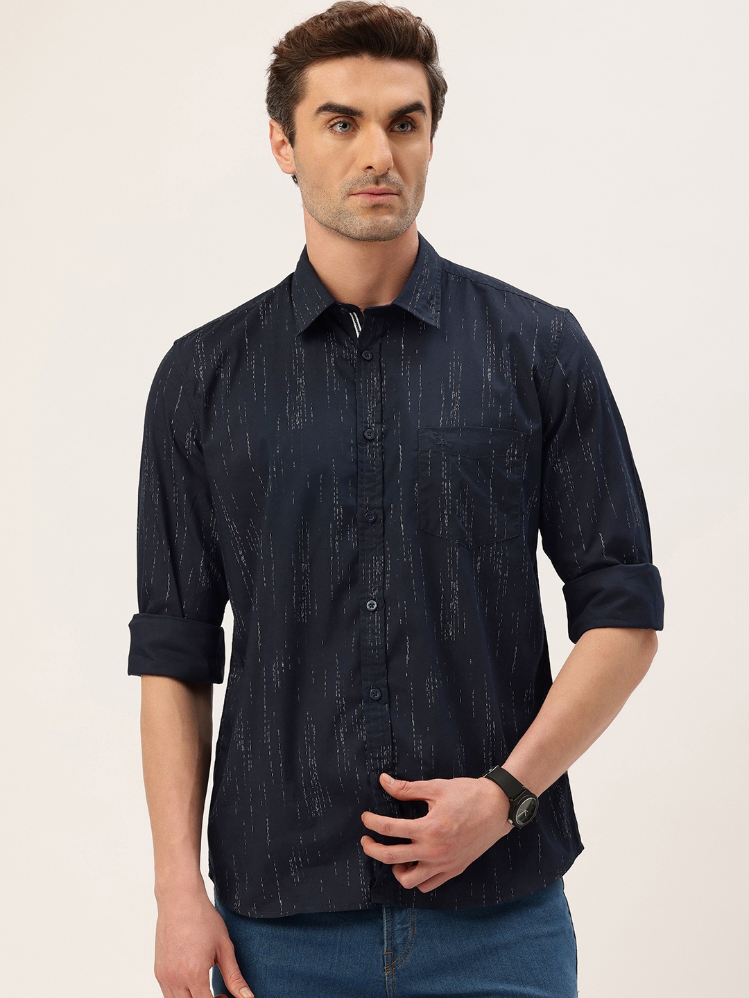 

Parx Slim Fit Printed Casual Shirt, Navy blue