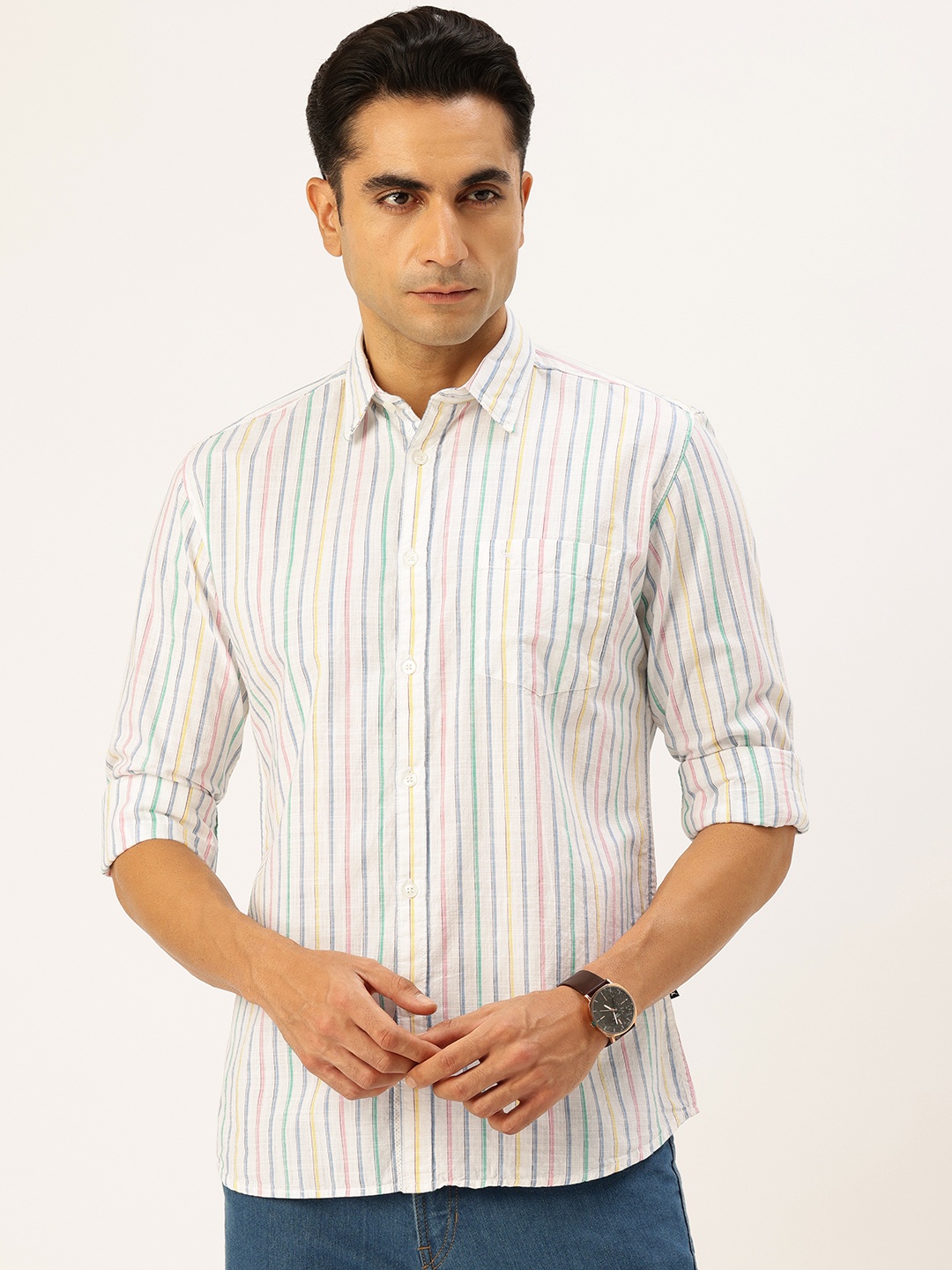 

Parx Pure Cotton Slim Fit Striped Casual Shirt, White