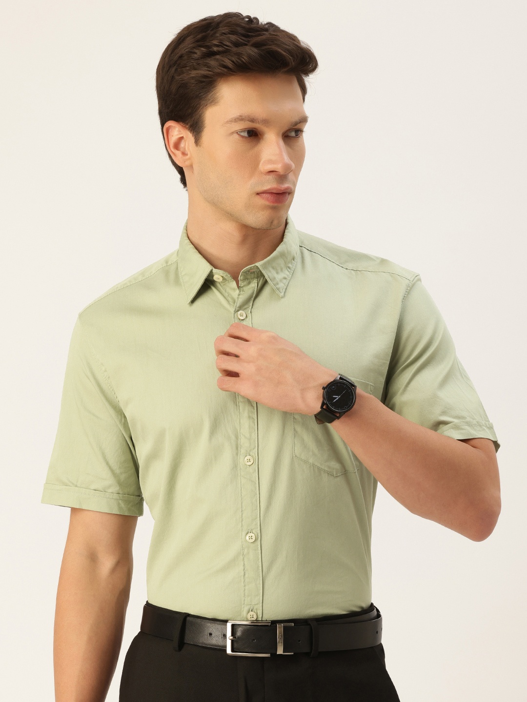 

Parx Pure Cotton Slim Fit Opaque Formal Shirt, Green