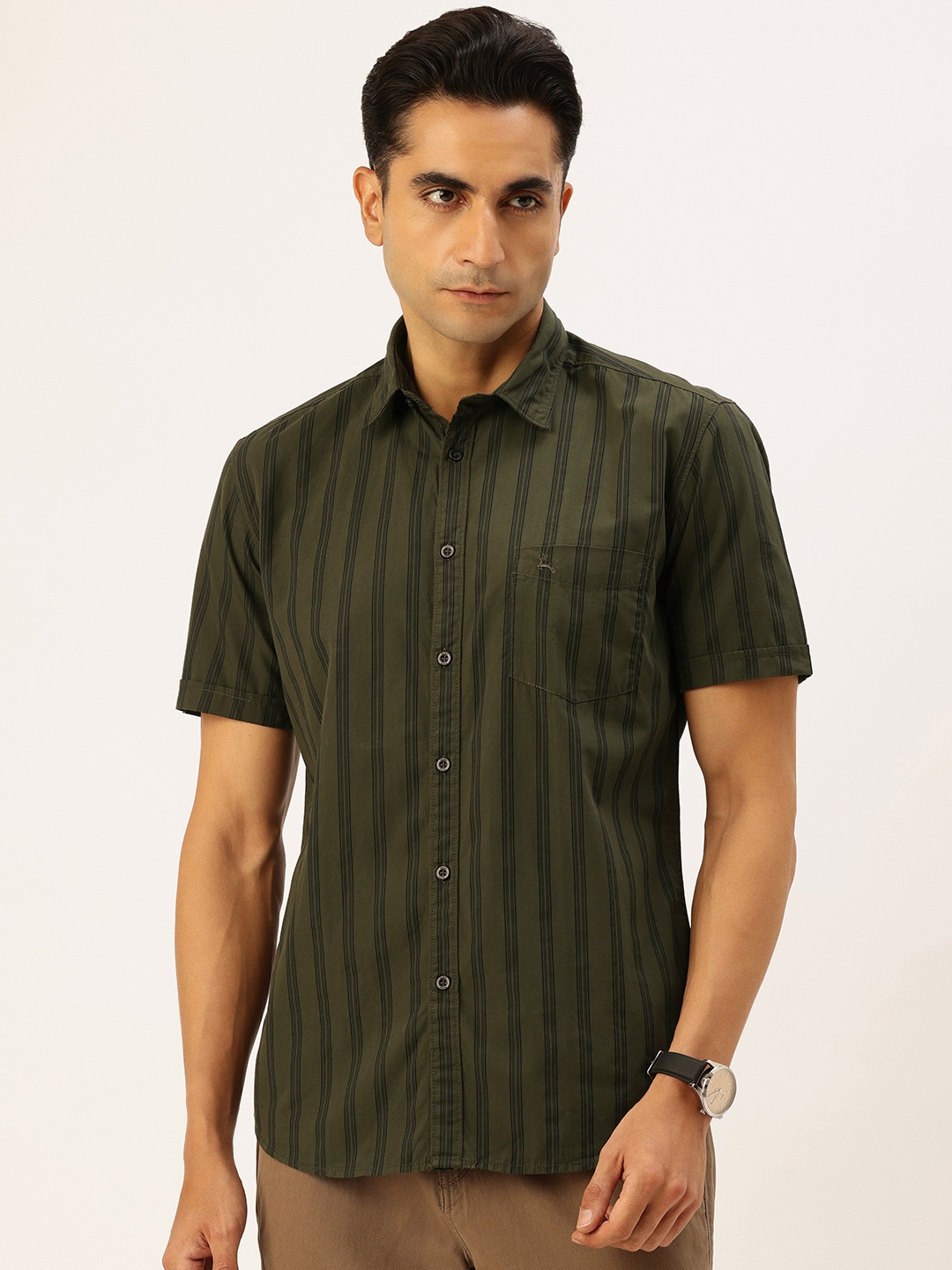 

Parx Pure Cotton Slim Fit Opaque Striped Casual Shirt, Olive