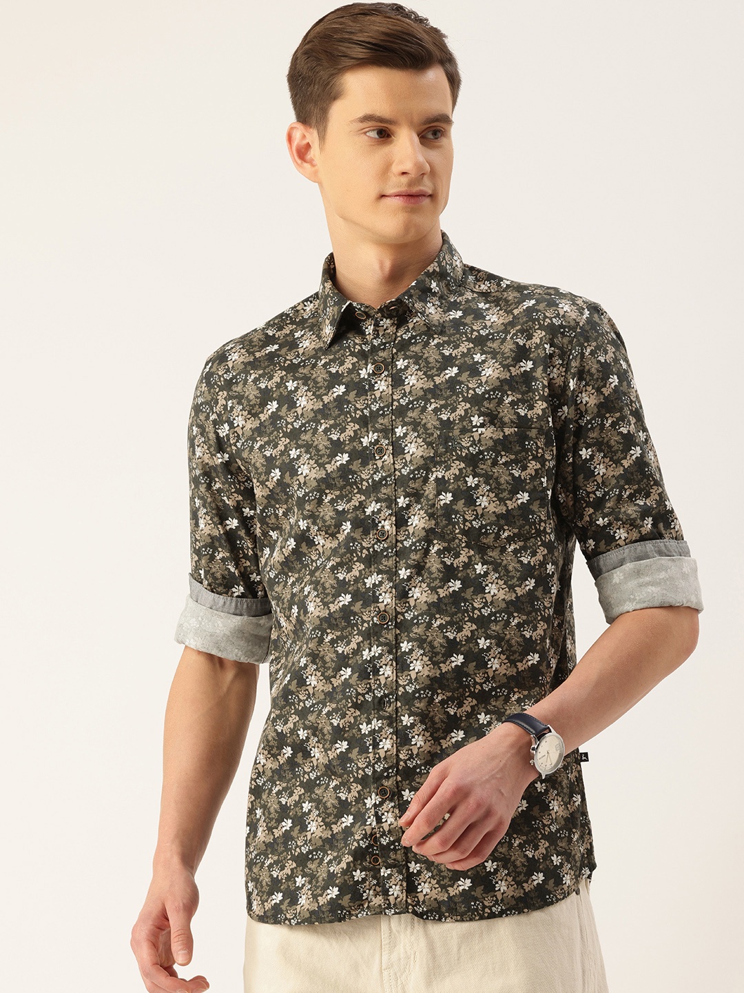 

Parx Slim Fit Floral Printed Pure Cotton Casual Shirt, Green
