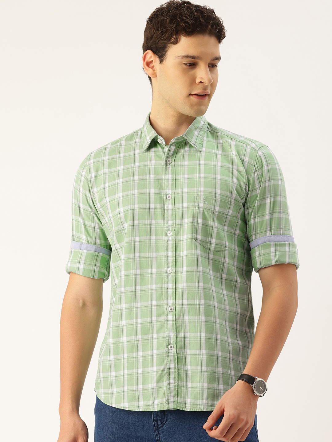 

Parx Slim Fit Checked Pure Cotton Casual Shirt, Green