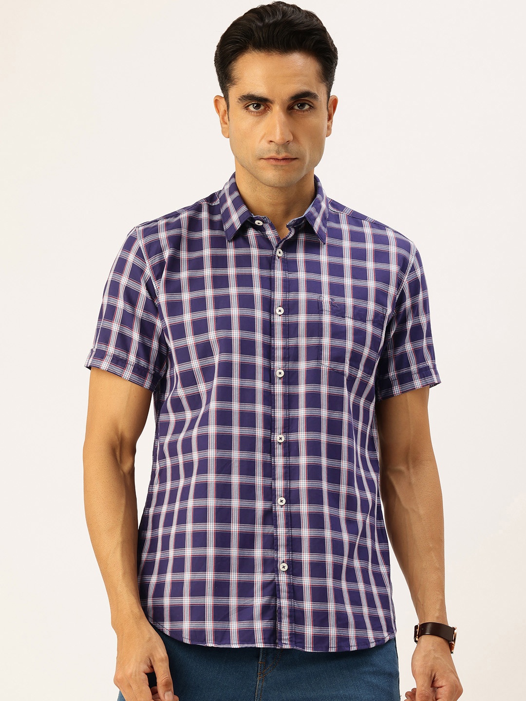

Parx Pure Cotton Slim Fit Opaque Checked Casual Shirt, Blue