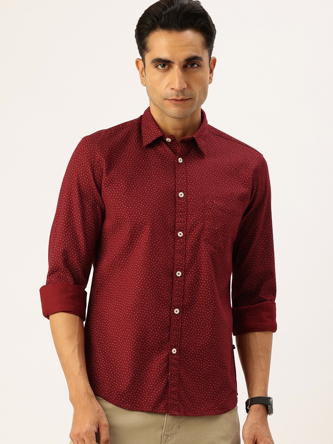 

Parx Slim Fit Micro Ditsy Printed Pure Cotton Casual Shirt, Red