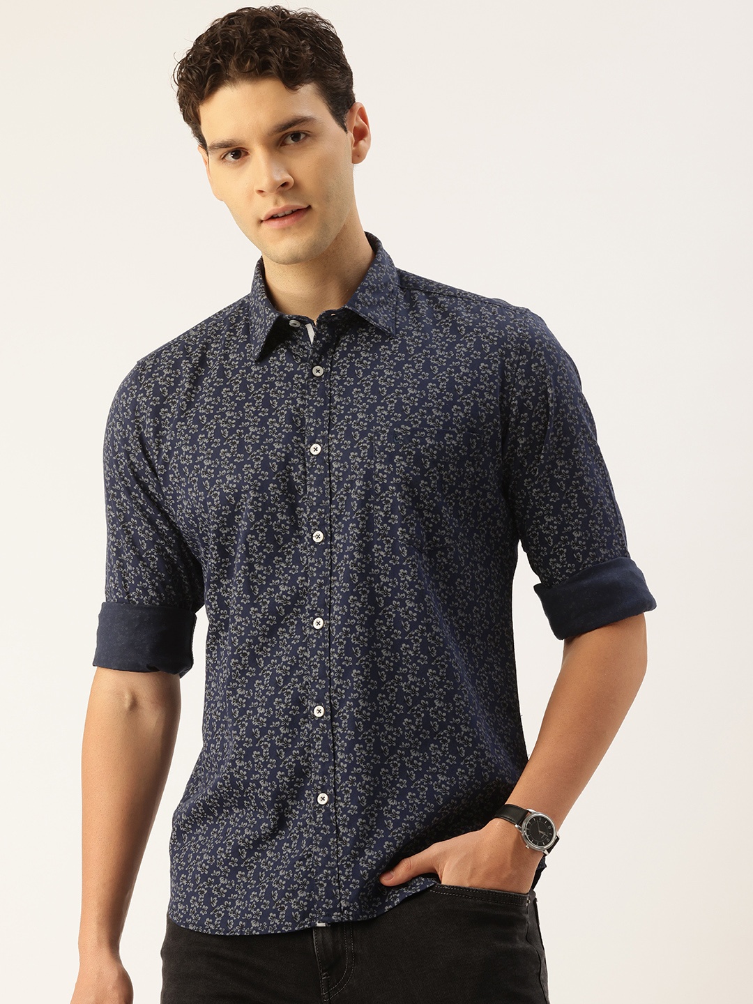 

Parx Pure Cotton Slim Fit Floral Printed Casual Shirt, Navy blue