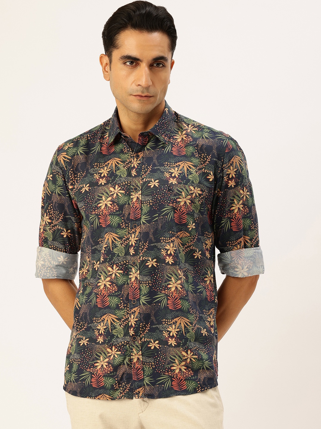 

Parx Slim Fit Floral Printed Casual Shirt, Navy blue