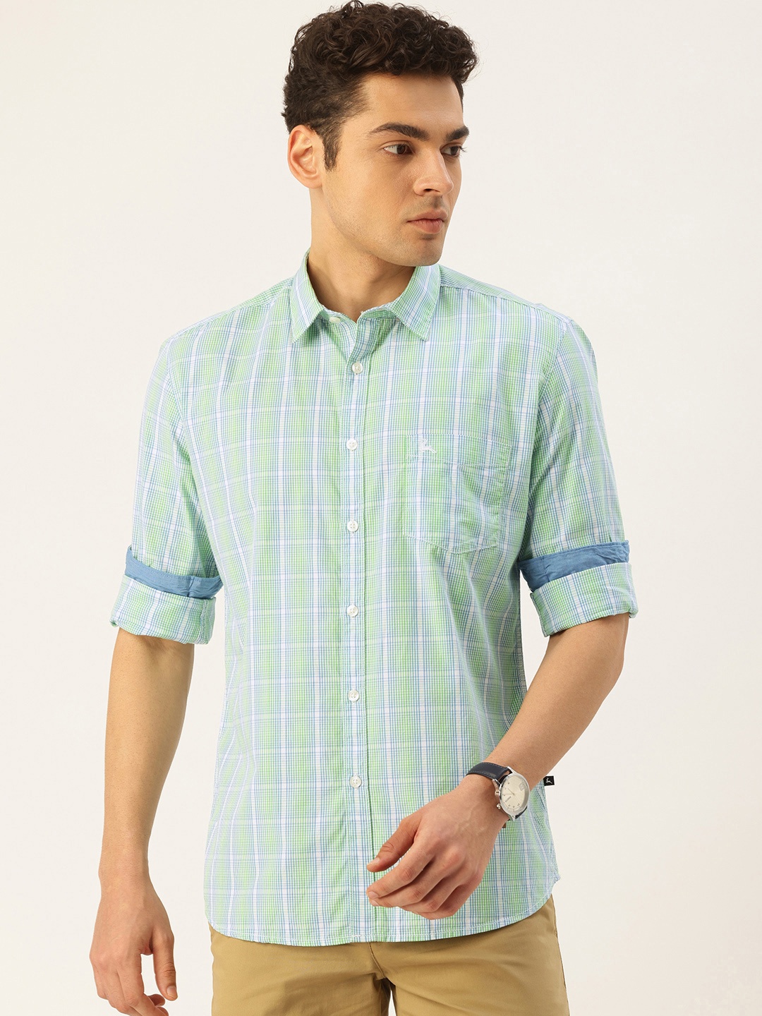 

Parx Pure Cotton Slim Fit Checked Casual Shirt, Green