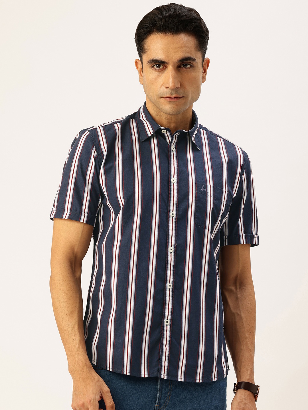 

Parx Pure Cotton Slim Fit Opaque Striped Casual Shirt, Navy blue