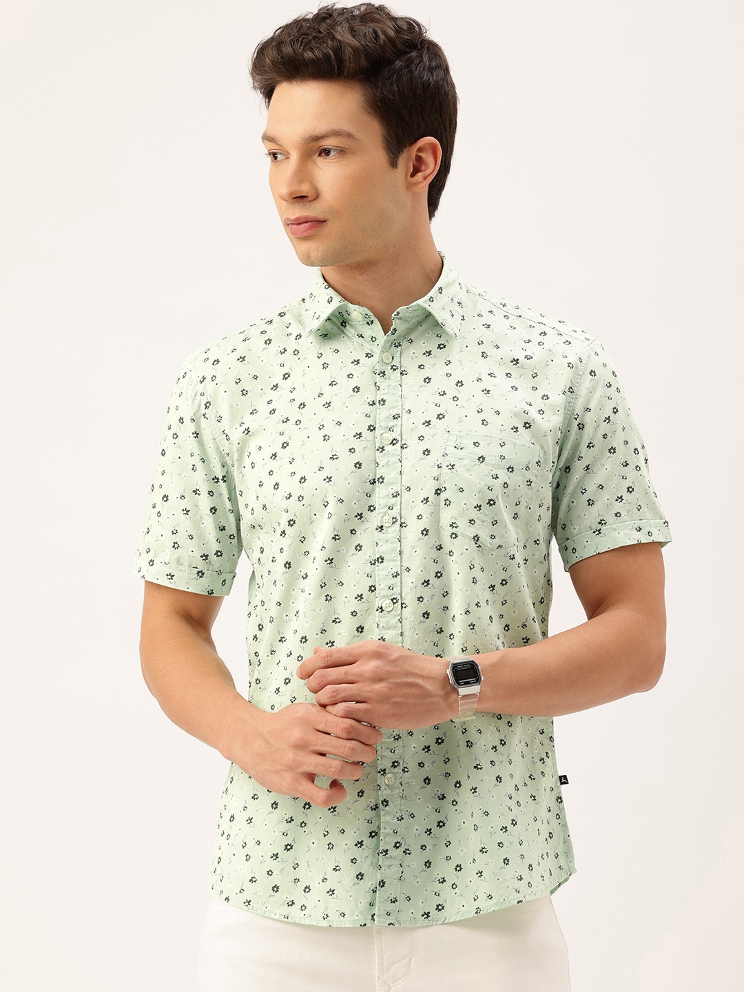 

Parx Slim Fit Floral Printed Pure Cotton Casual Shirt, Green