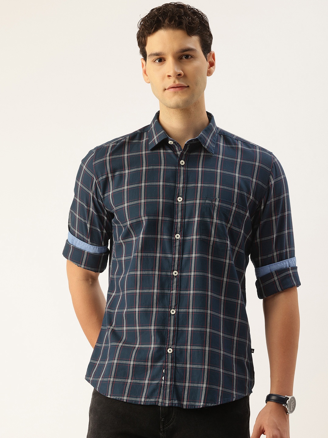 

Parx Slim Fit Checked Pure Cotton Casual Shirt, Navy blue