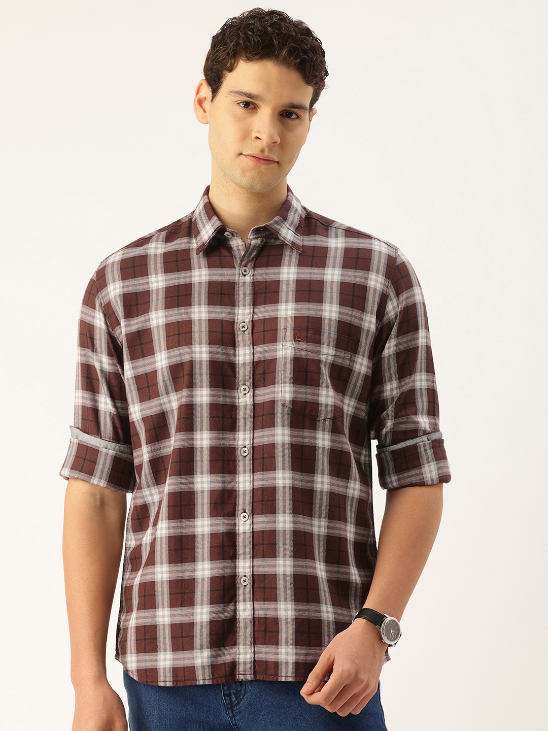 

Parx Slim Fit Checked Pure Cotton Casual Shirt, Brown