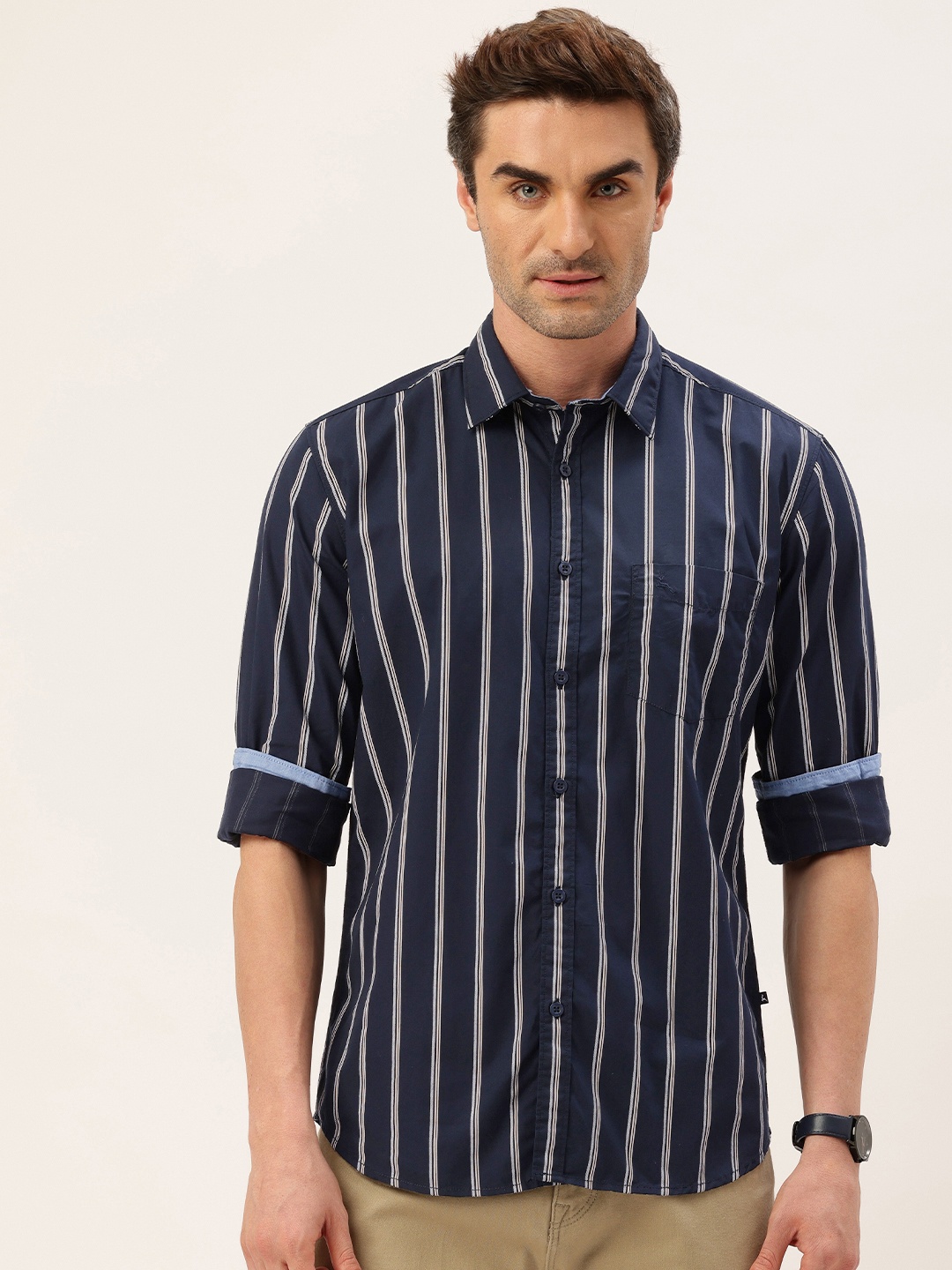 

Parx Pure Cotton Slim Fit Opaque Striped Casual Shirt, Navy blue