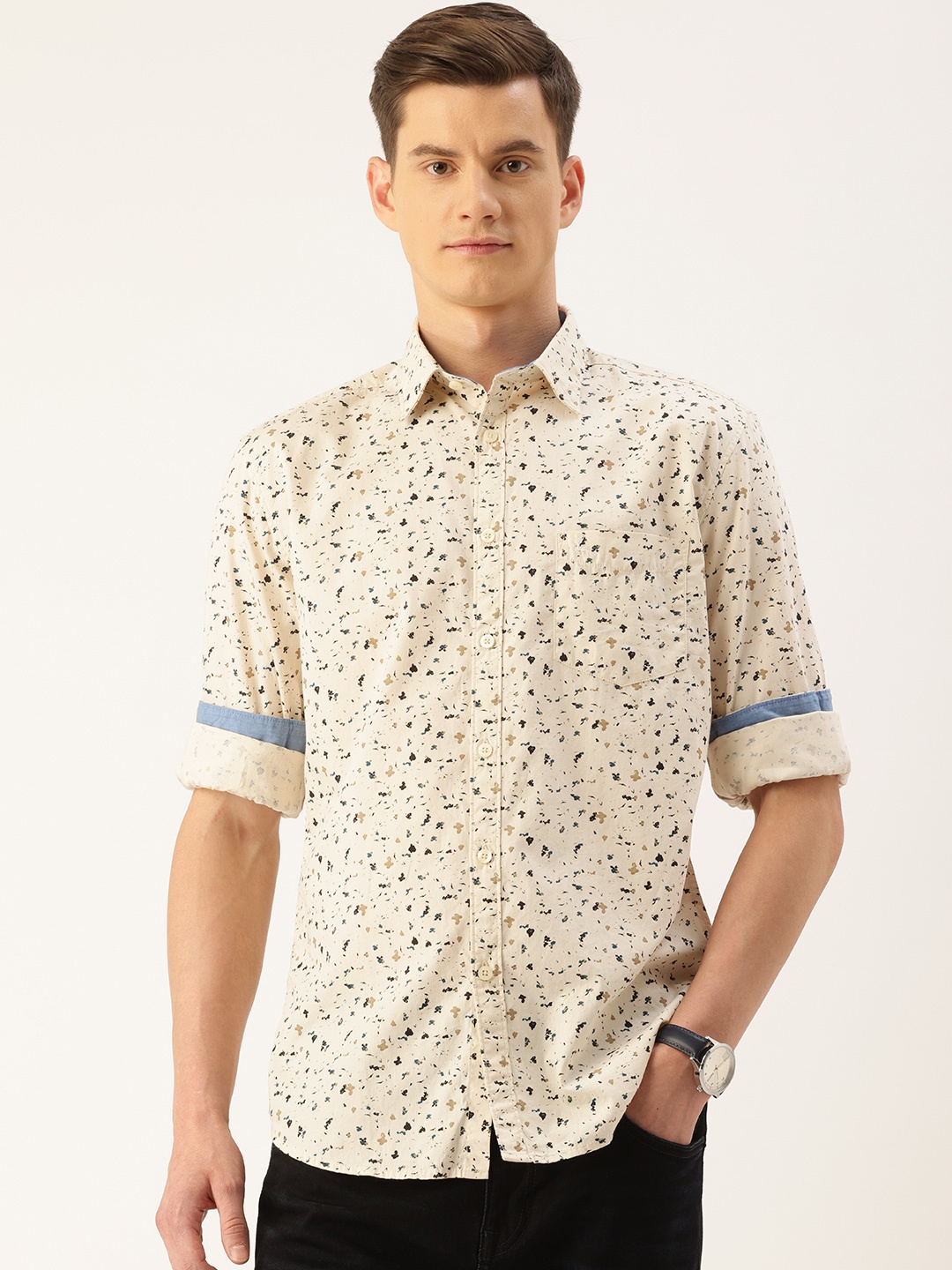 

Parx Pure Cotton Slim Fit Abstract Printed Casual Shirt, Beige