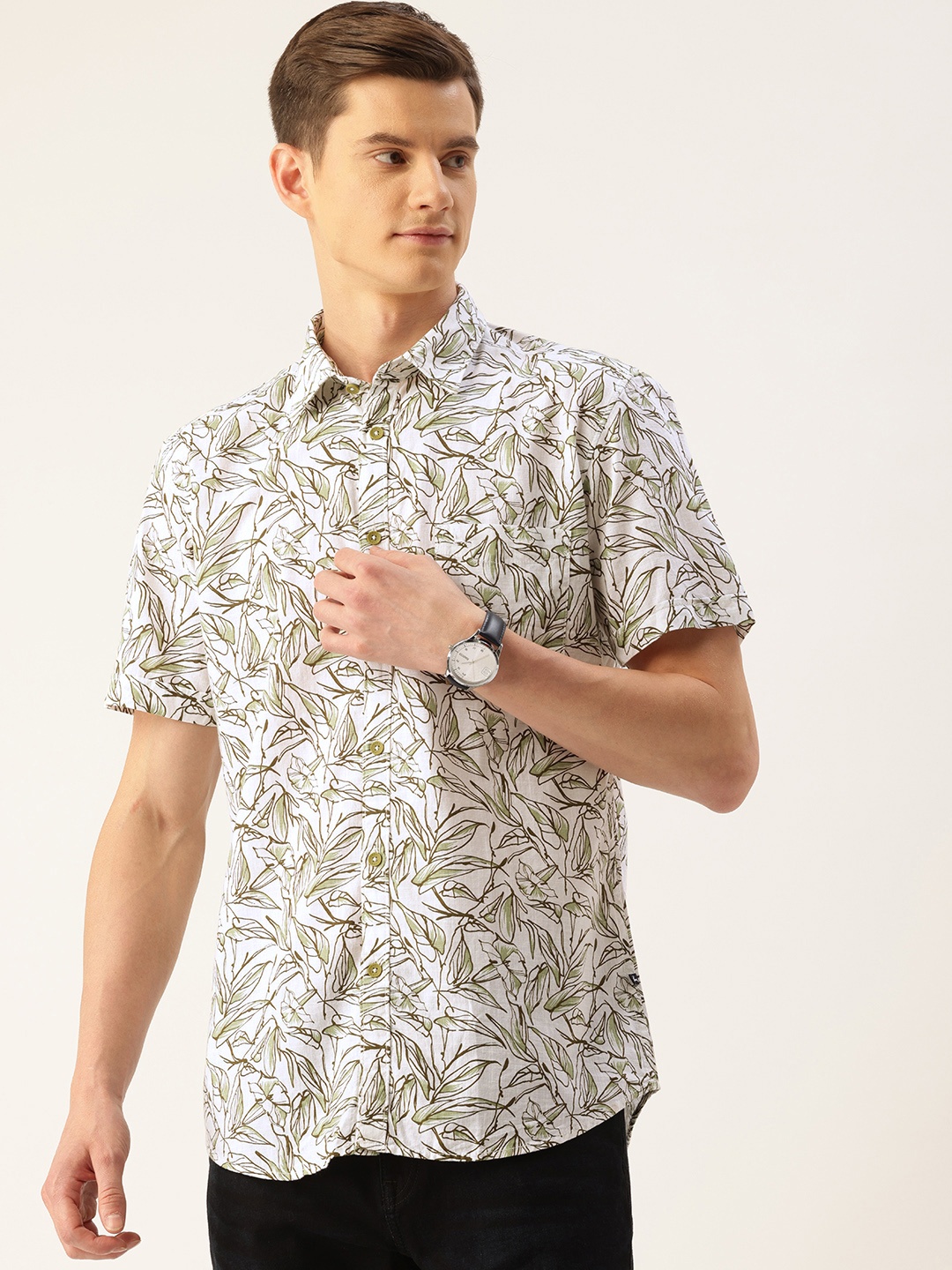 

Parx Slim Fit Tropical Printed Pure Cotton Casual Shirt, White