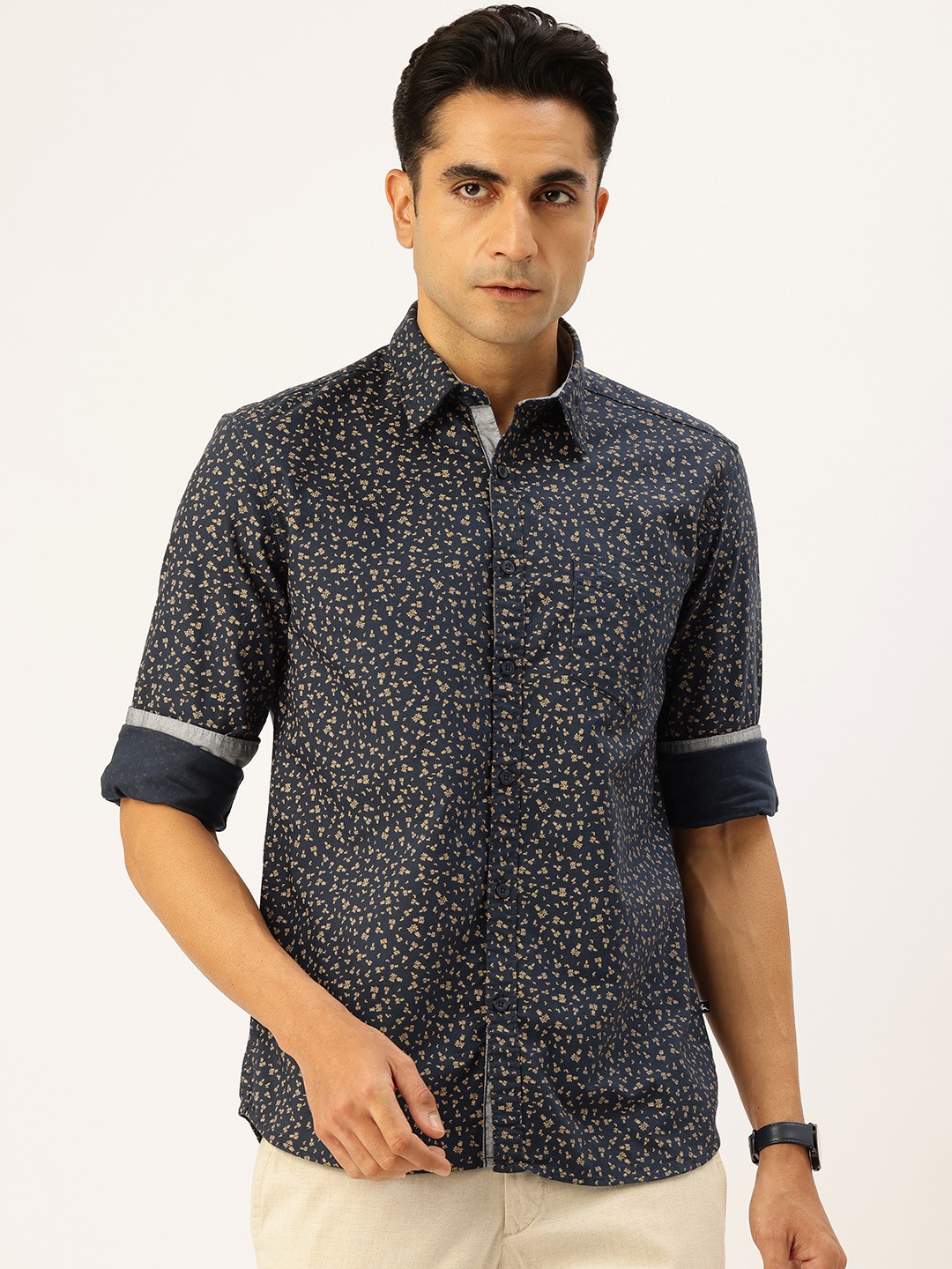 

Parx Slim Fit Floral Printed Pure Cotton Casual Shirt, Navy blue