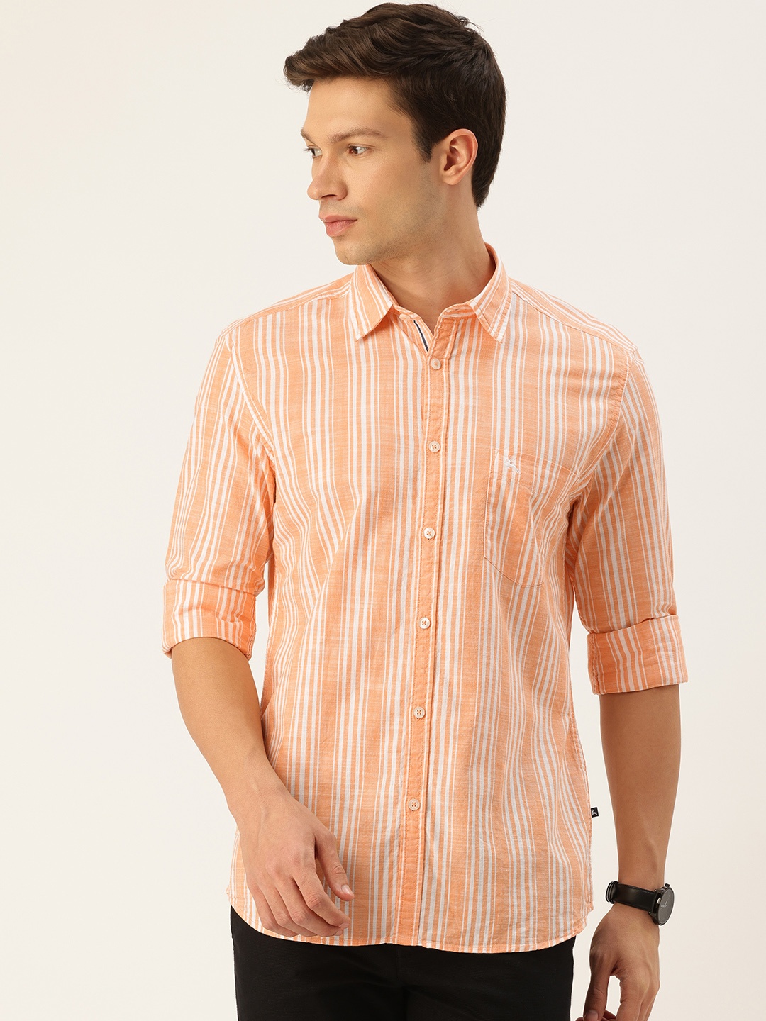 

Parx Pure Cotton Slim Fit Striped Casual Shirt, Orange