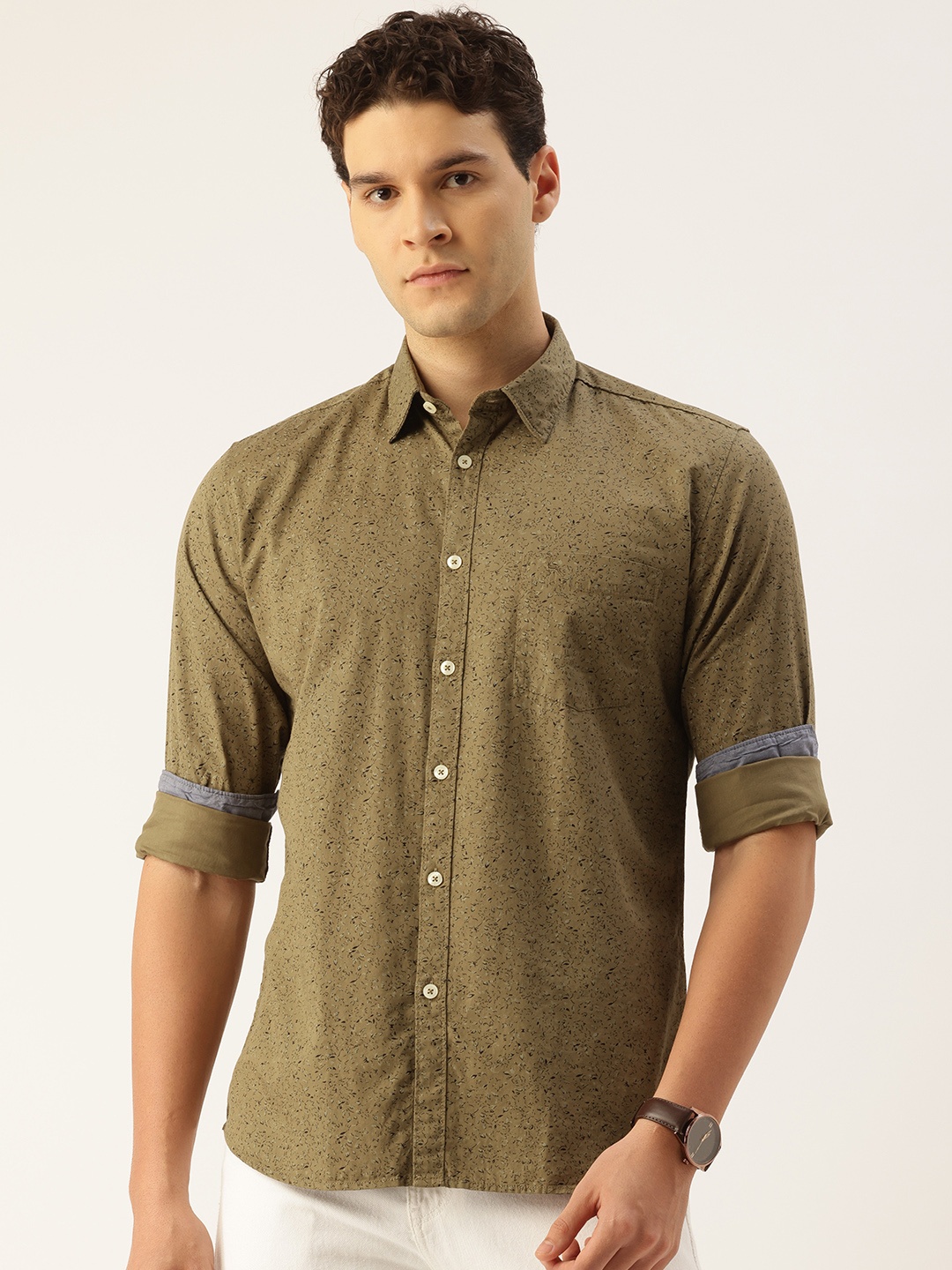 

Parx Slim Fit Floral Printed Pure Cotton Casual Shirt, Olive