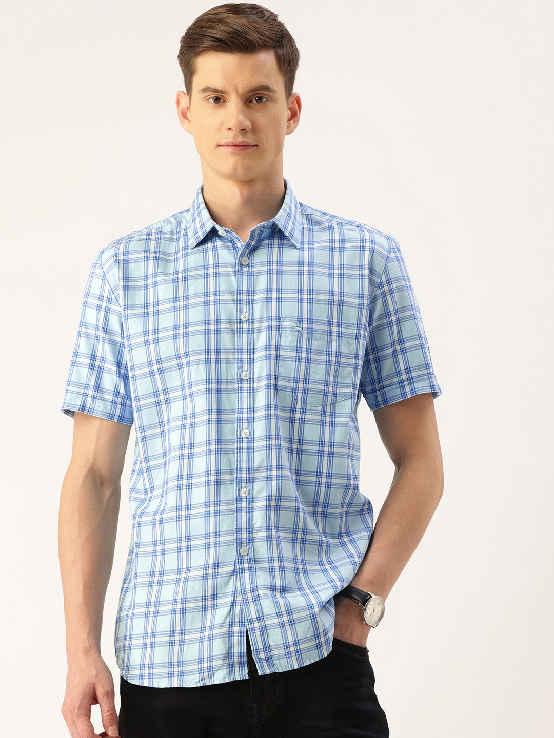 

Parx Slim Fit Checked Pure Cotton Casual Shirt, Blue