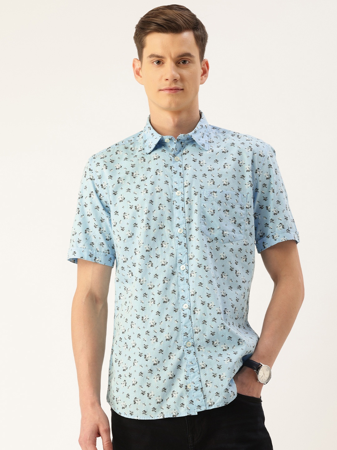 

Parx Slim Fit Floral Printed Pure Cotton Casual Shirt, Blue