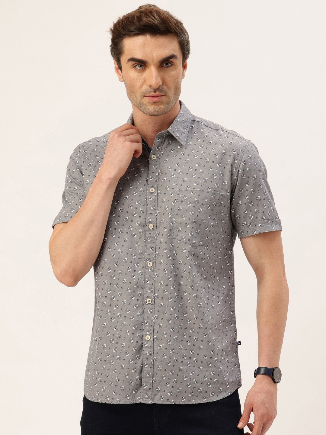 

Parx Slim Fit Floral Printed Pure Cotton Casual Shirt, Grey