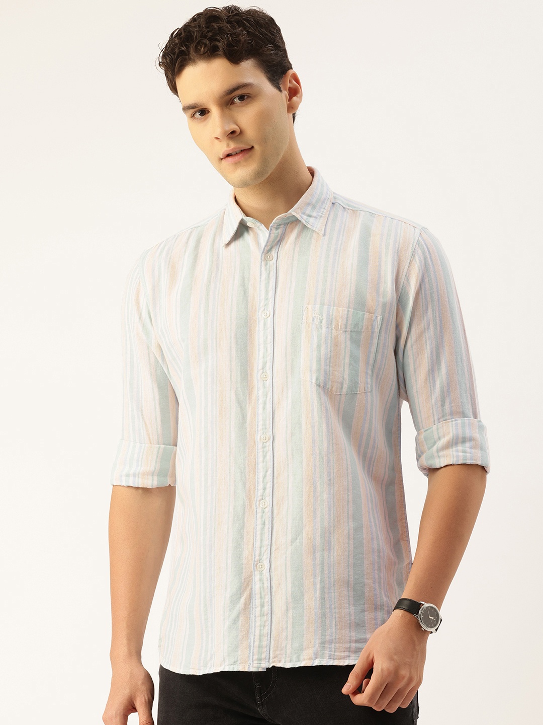 

Parx Slim Fit Vertical Stripes Cotton Linen Casual Shirt, Green