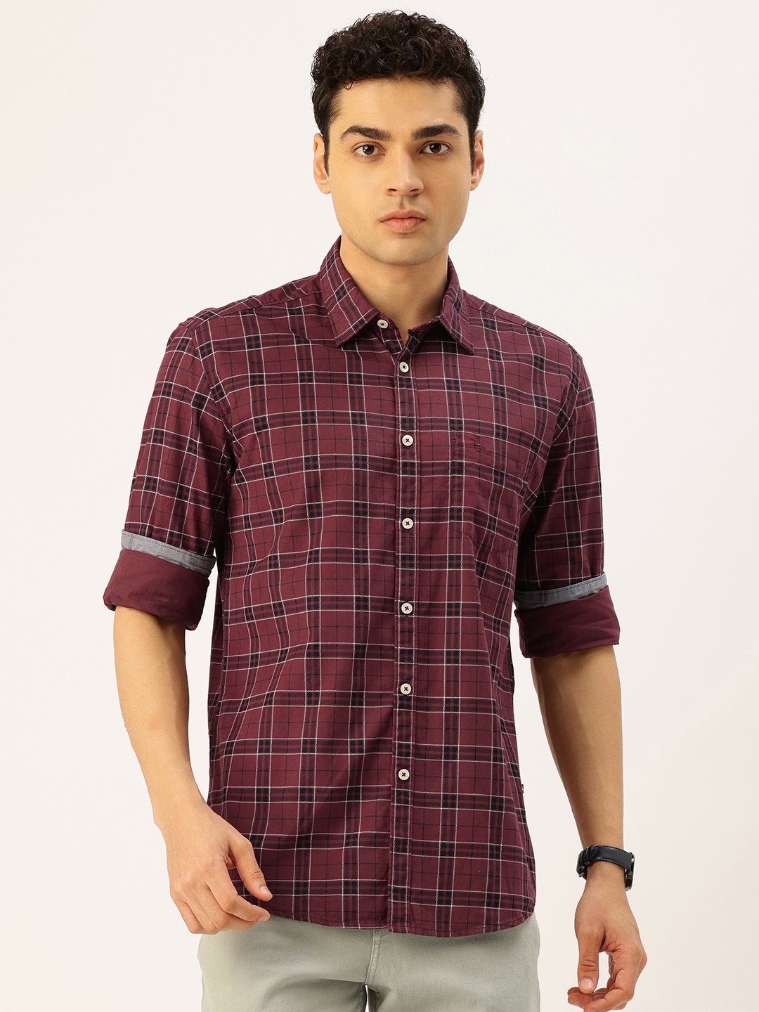 

Parx Pure Cotton Slim Fit Opaque Checked Casual Shirt, Maroon